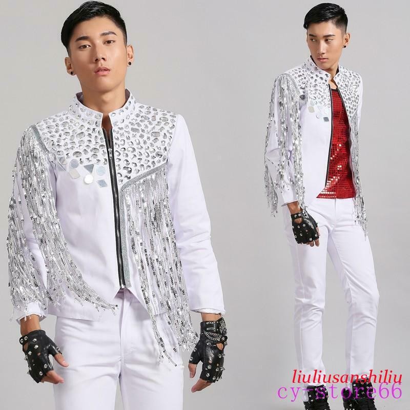 Glitter Men’s Sequins Coat Tassels Jackets Rhinestone Blazer Korean Nightclub SZ