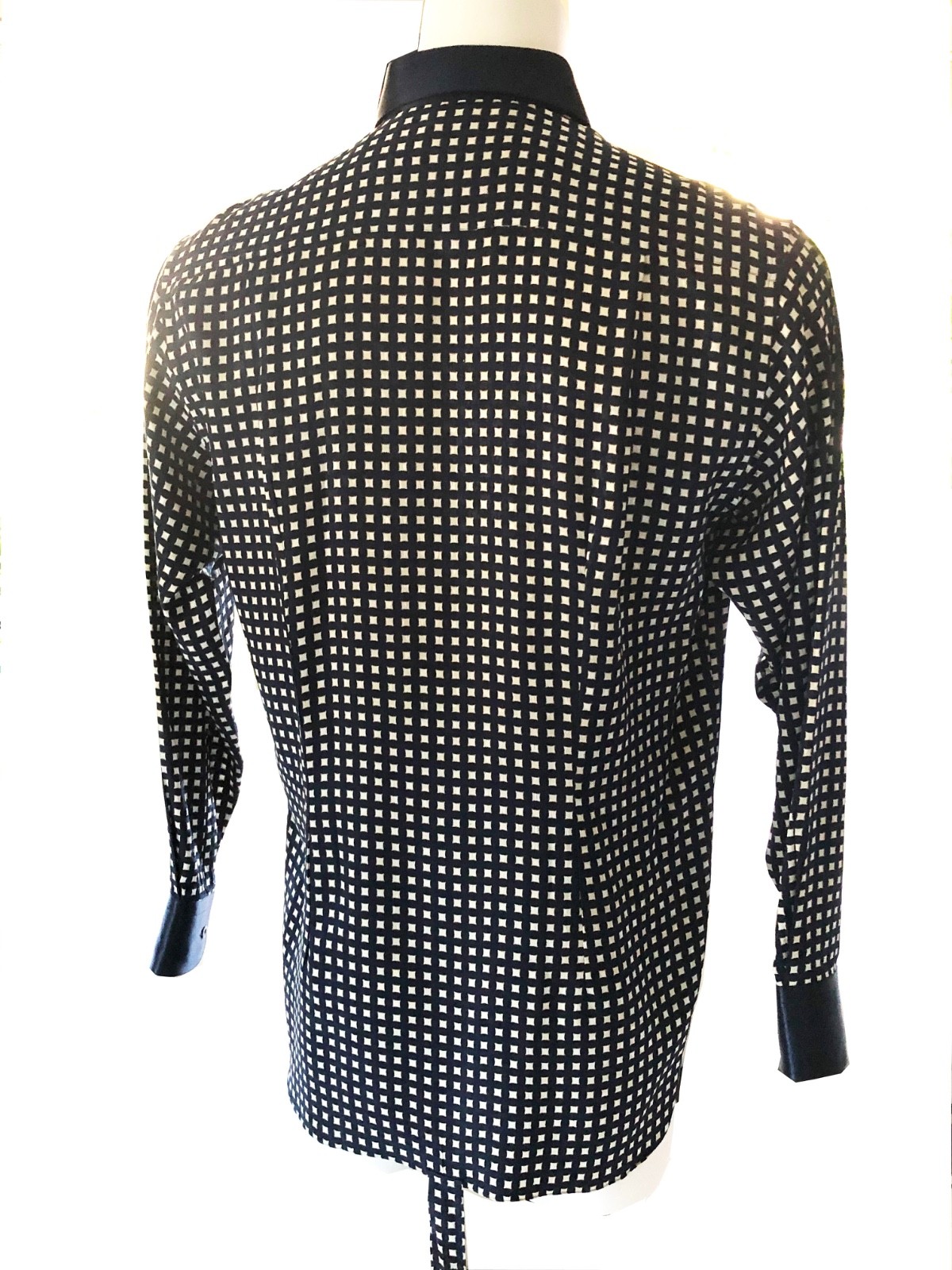 Authentic BIJAN Navy Blue Silk Shirt w/ Gold Diamond Squares Custom Buttons Rare