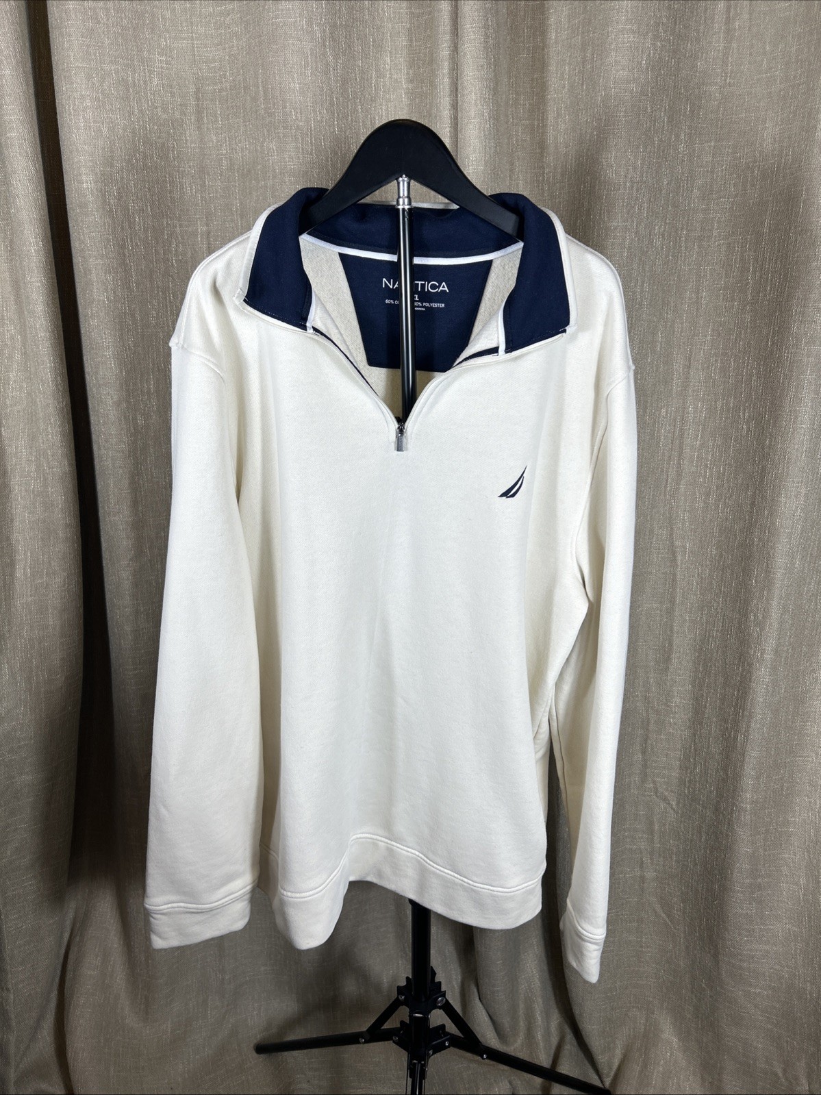 Nautica Zip Pullover X L Navy Blue Contrast Collar White Cream