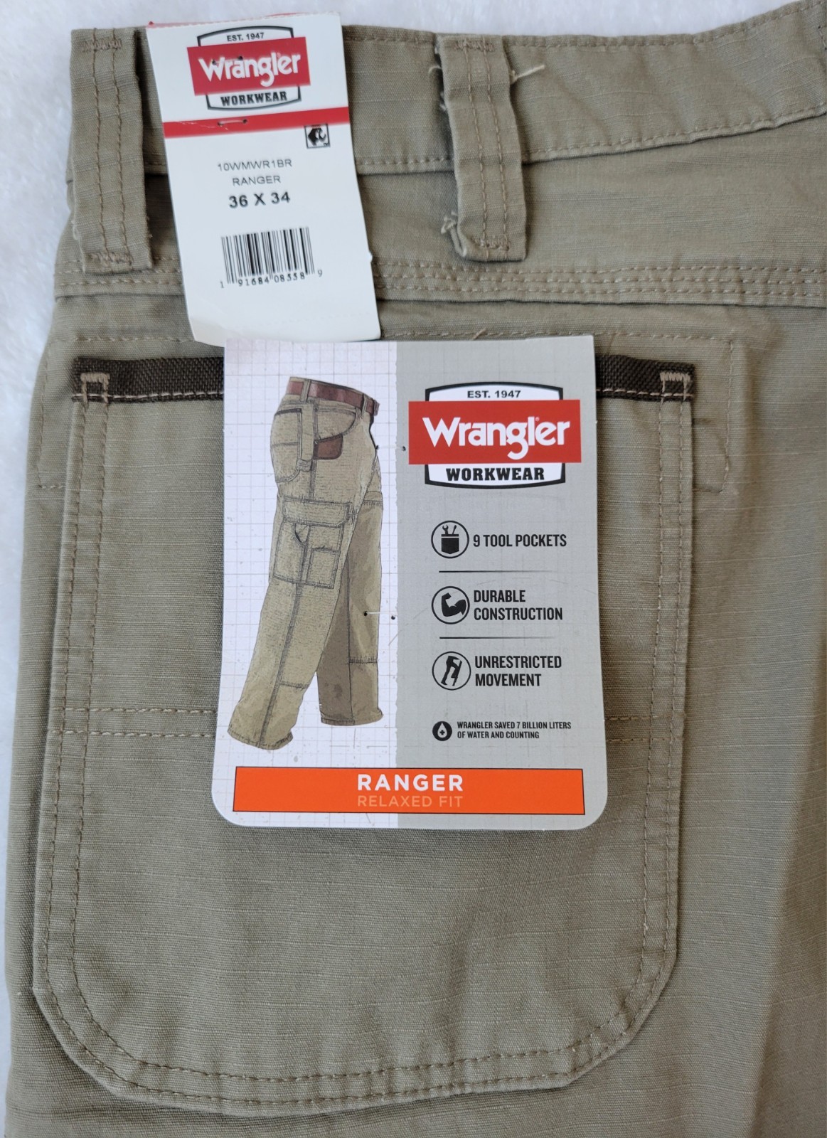Wrangler Workwear Ranger Pant Mens 36×34 Tan Relaxed Fit Ripstop Cotton NWT