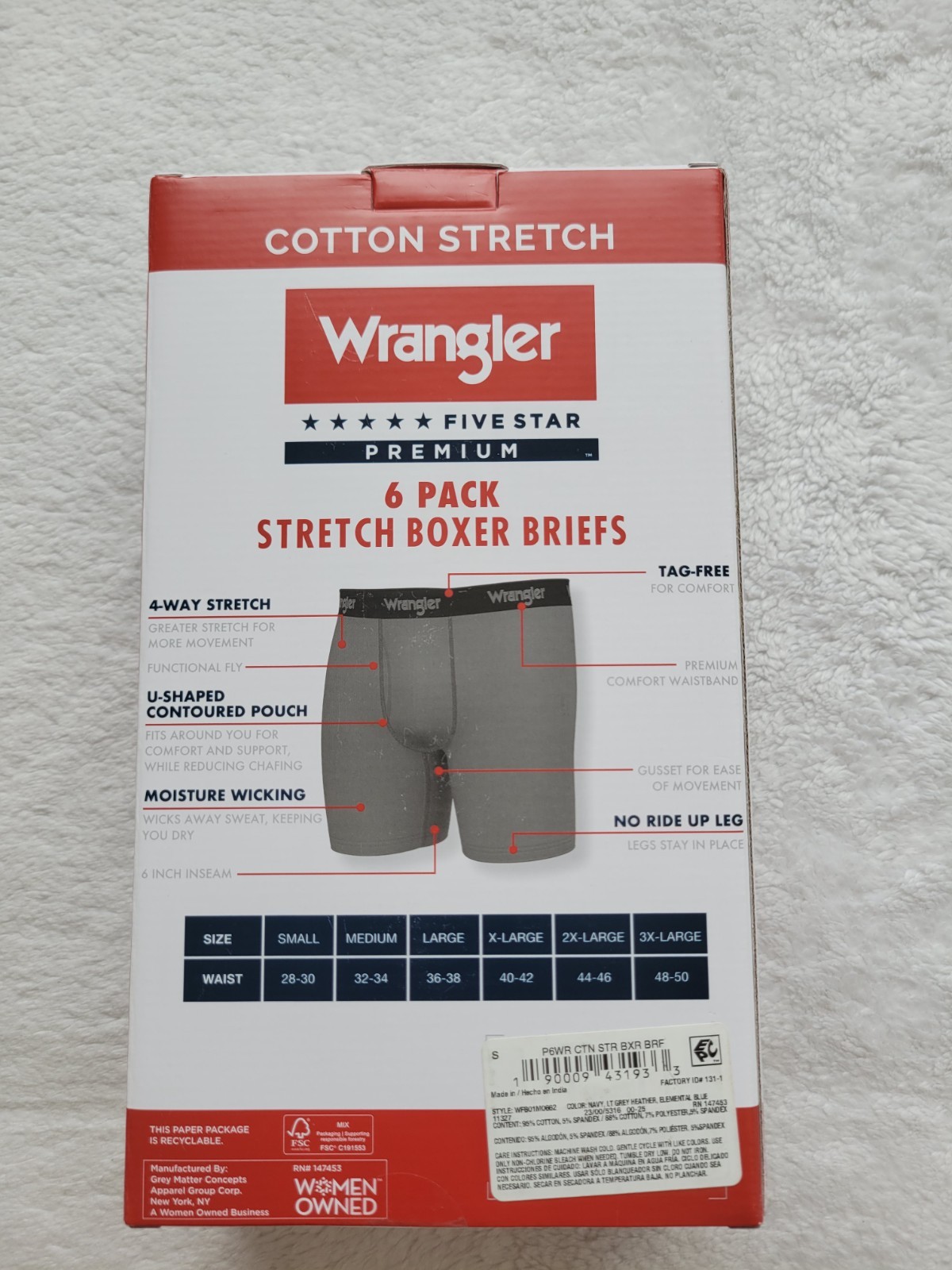 Wrangler Cotton Stretch Boxer Briefs U-Shaped Pouch with Fly. Size Small. 6 Pk!