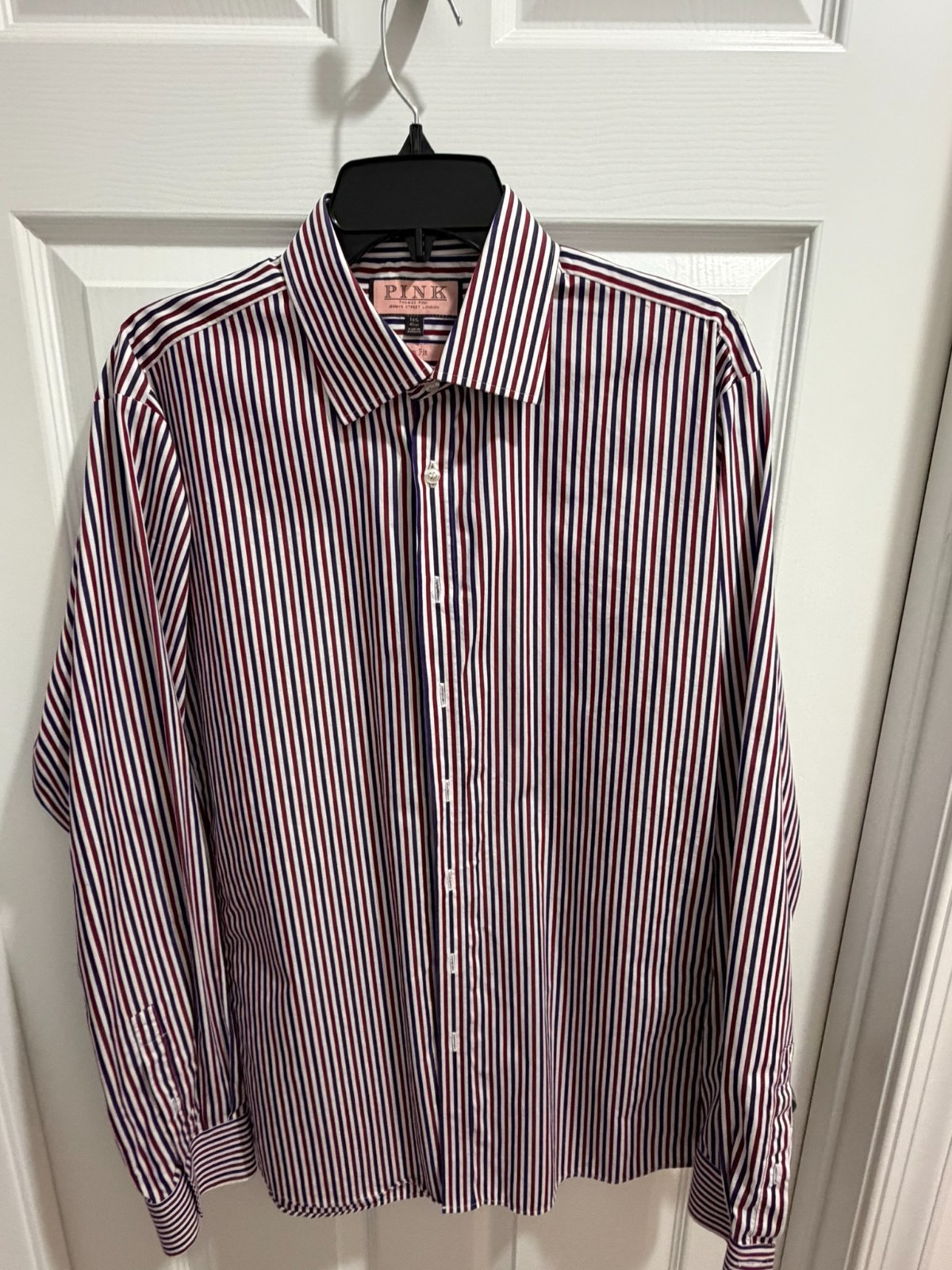 Thomas Pink Men’s Slim Fit Dress Shirt 16.5 42 Burgundy Purple Stripe London