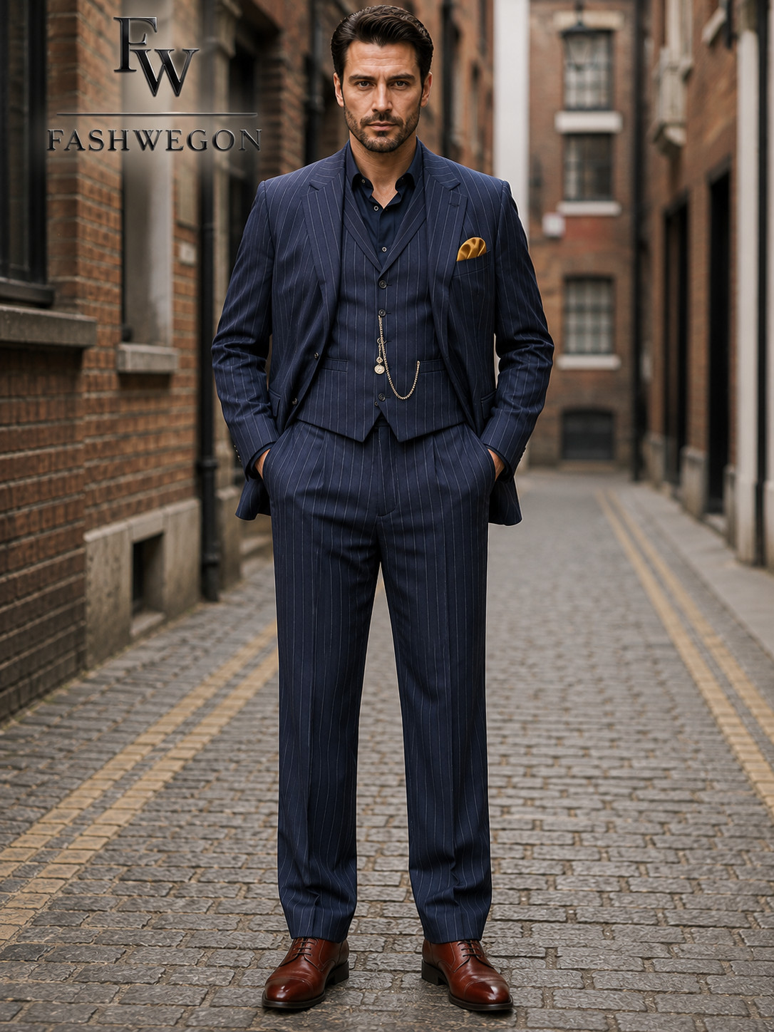 FASHWEGON Men’s Navy Pinstripe 3 Piece Suit Slim Fit Wedding Formal Business