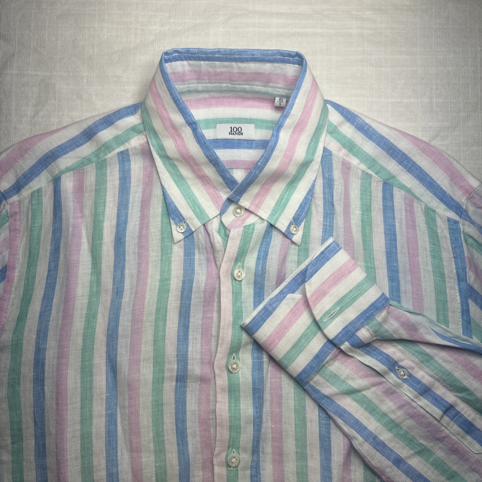 100 HANDS LINEN PASTEL STRIPE Men’s Shirt Button Up Blue Pink Green Size Small