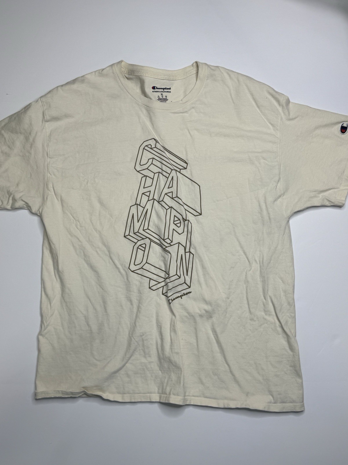 Champion Mens XL Cream 3D Stacked Logo Graphic T-Shirt Short Sleeve Cotton Tee
