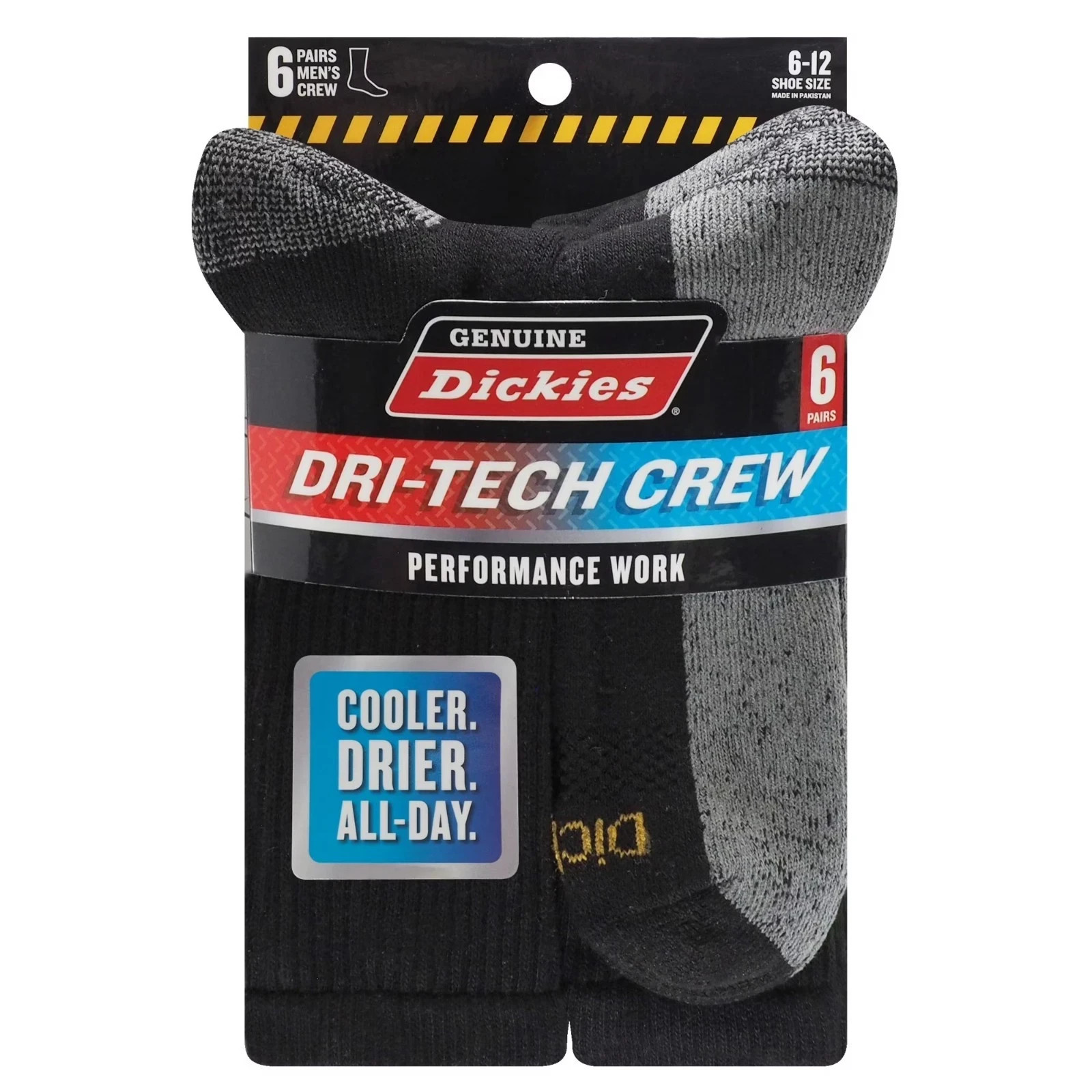6 Pack Genuine Dickies Mens Dritech Crew Socks Moisture Control Black Size 6-12