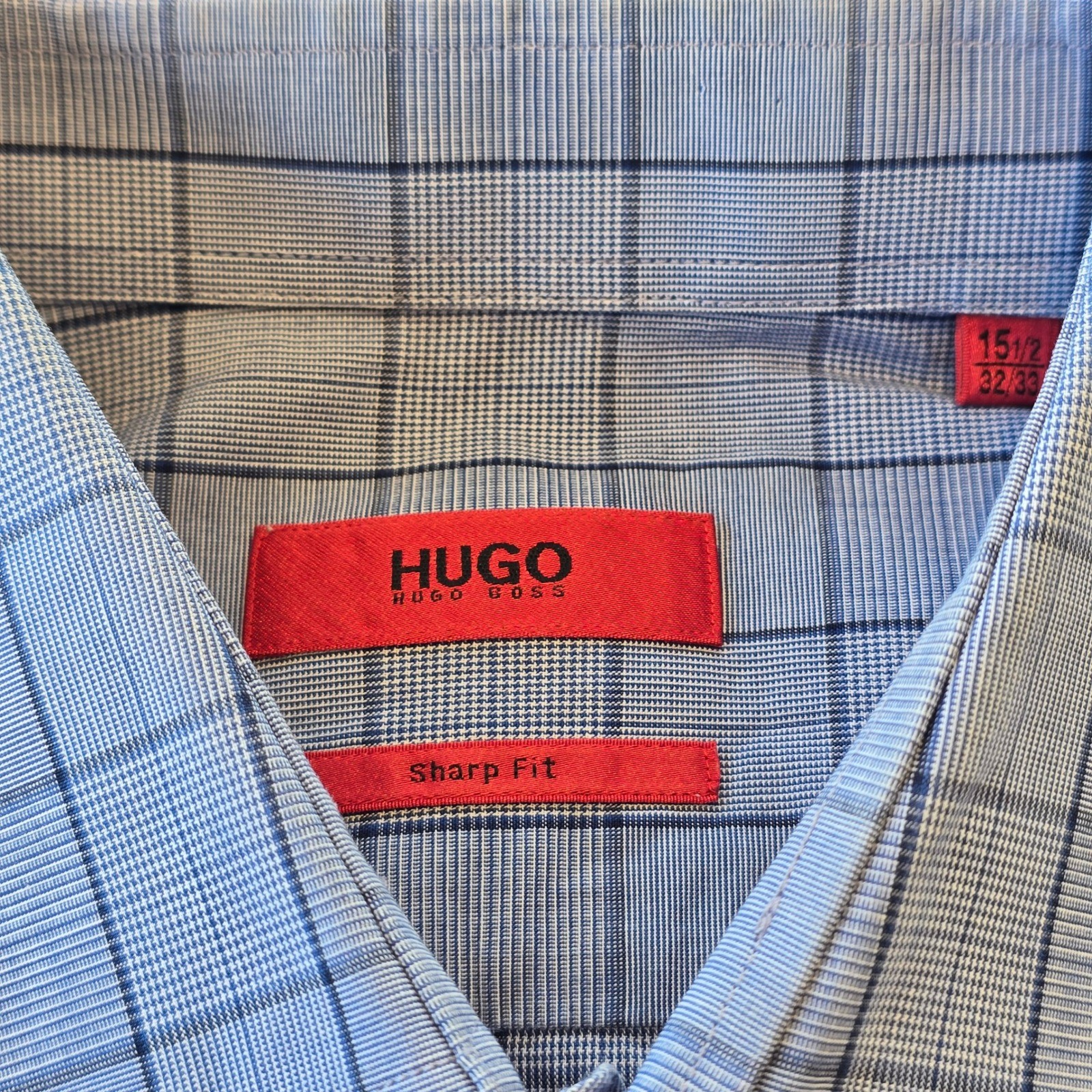 Hugo Boss Sharp Fit Dress Shirt Blue Windowpane Plaid Mens 15.5 32/33 Cotton