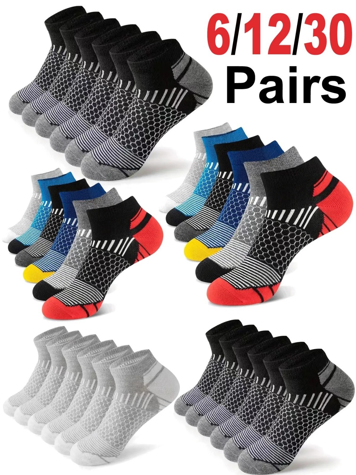 Men’s Athletic Socks 6-Pair Pack – Multi-Colored Sport Footwear, Low Cut & Breat