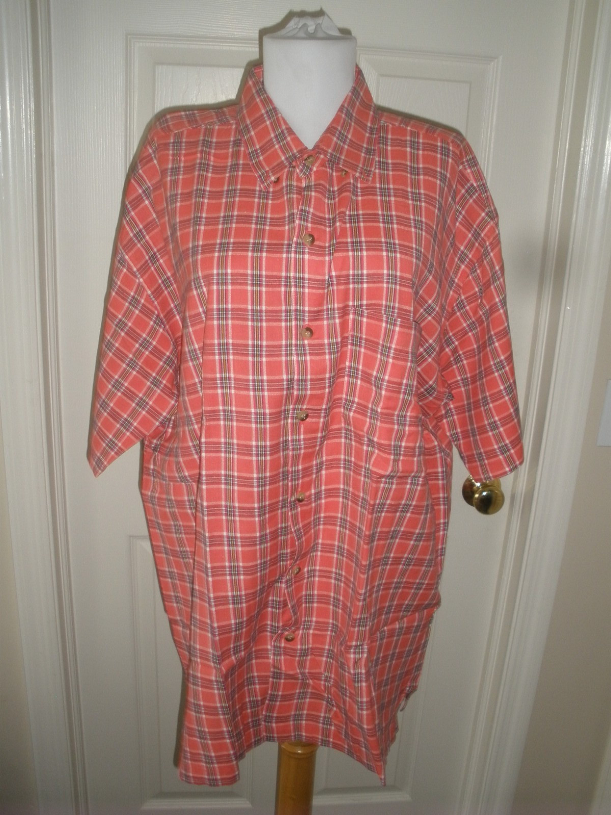 Men’s Short Sleeve button-up Shirt orange/red plaid Address Unknown L (SU70D)