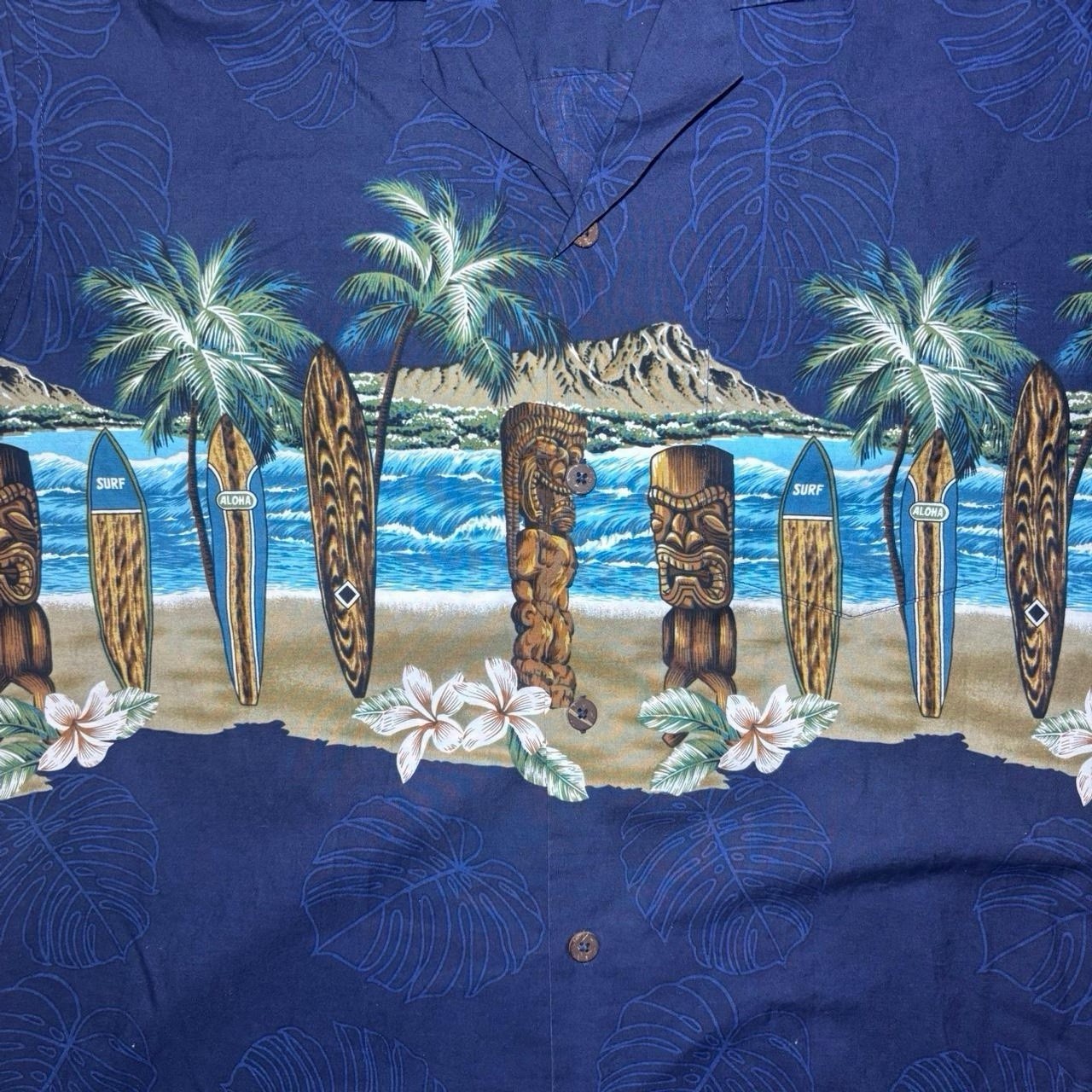 Vintage Hawaiian Shirt Mens M Blue Button Up Short Sleeve Tiki Surfboards Favant
