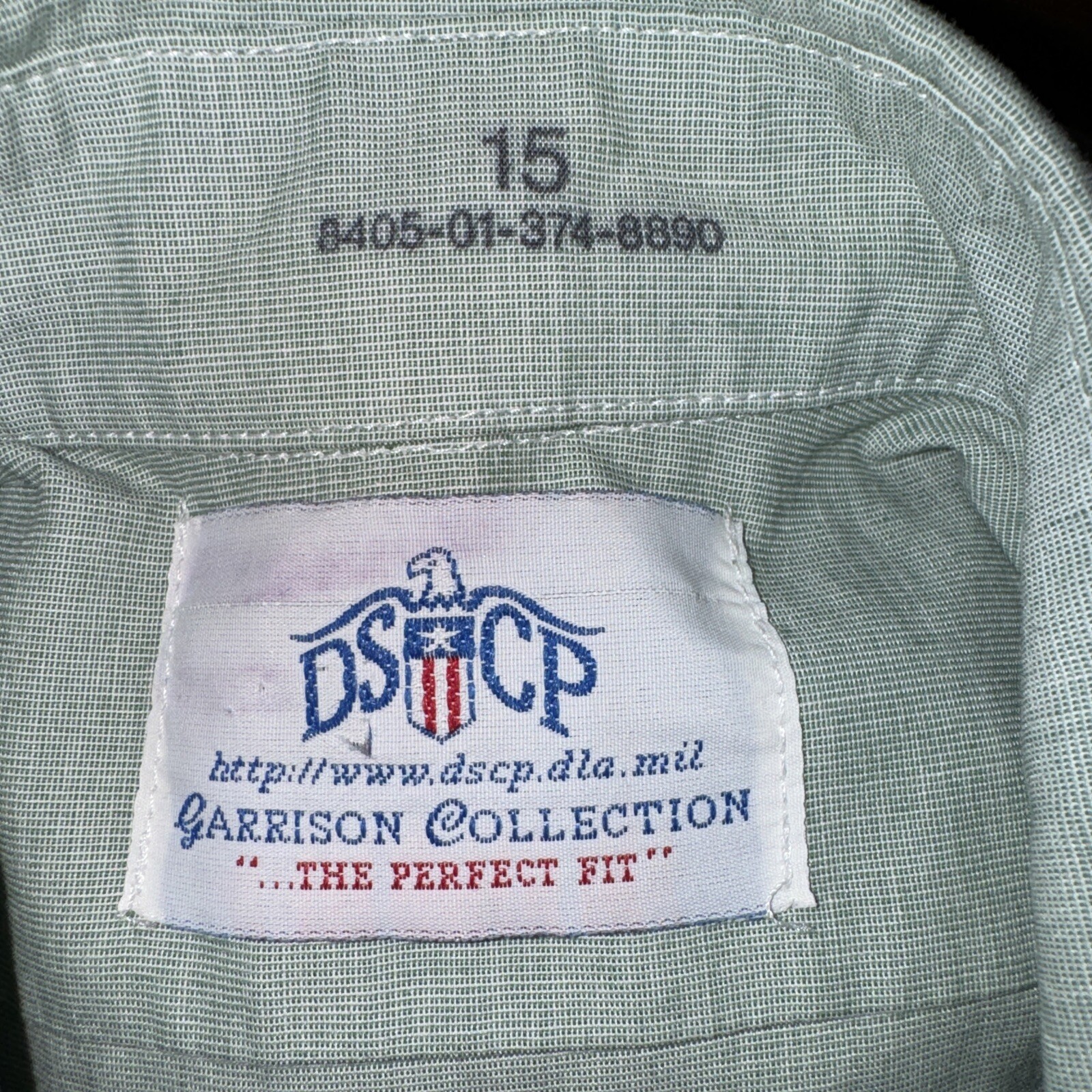 GREEN DSCP GARRISON COLLECTION SIZE 15 COTTON/POLY 65/35 MADE IN USA