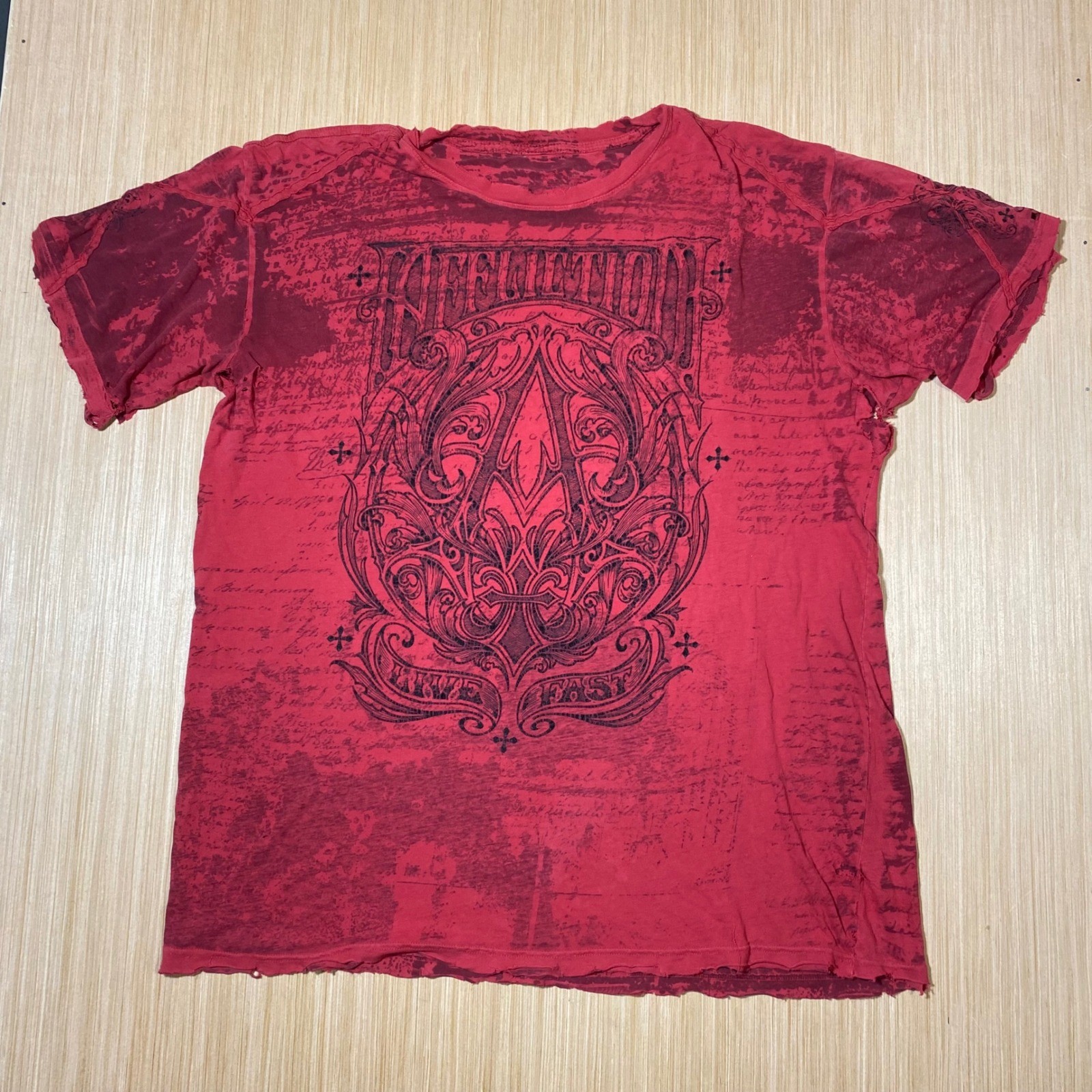 Affliction Live Fast Mens Red Burnout Graphic T-Shirt Distressed Raw Edge XL