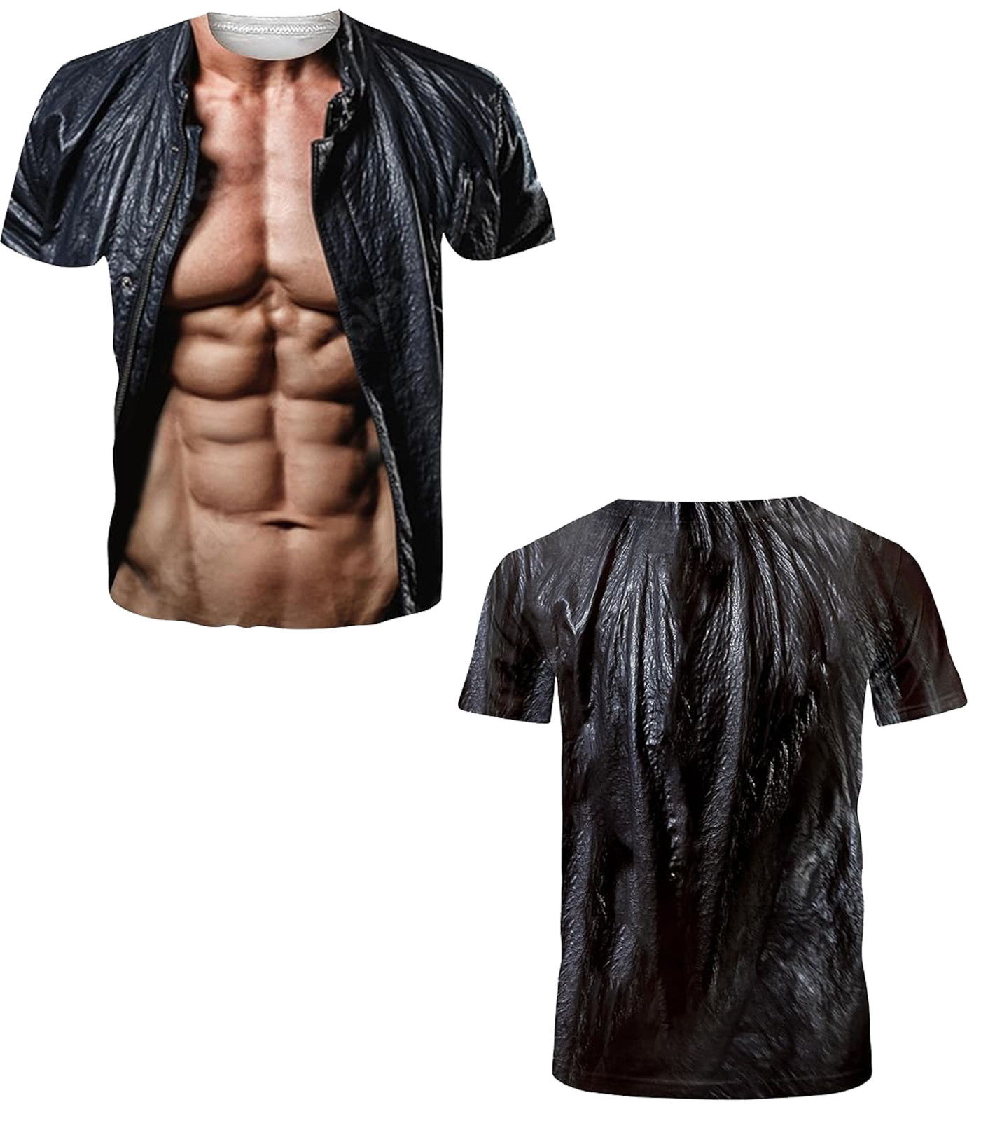 3D Fake Muscle T-Shirt Funny Abs Six Pack Mens Black Leather Jacket Graphic Tee