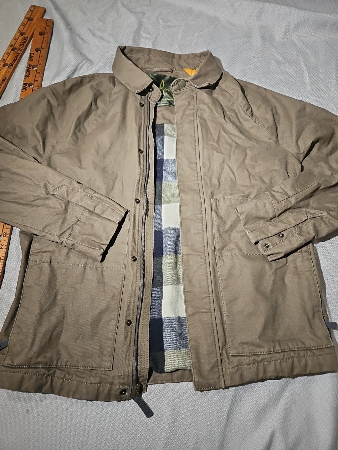 Prana Jacket Mens Medium Beige Canvas Pockets Insulated Lined Full Zip Outdoor