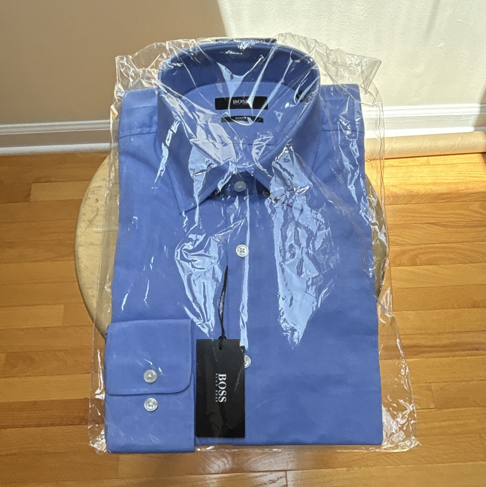 BOSS Sharp Fit Blue Solid Cotton Non-Iron Point Collar Dress Shirt 15.5 34/3