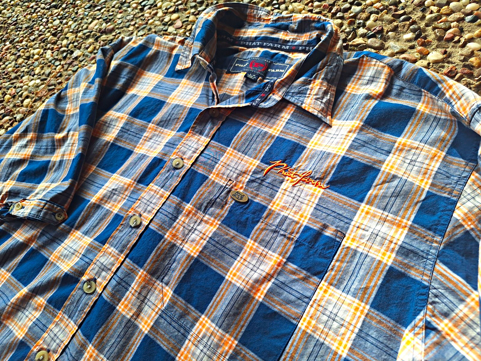 Phat Farm Men’s L Plaid Long Sleeve Button-Up Shirt Blue Orange White Gray