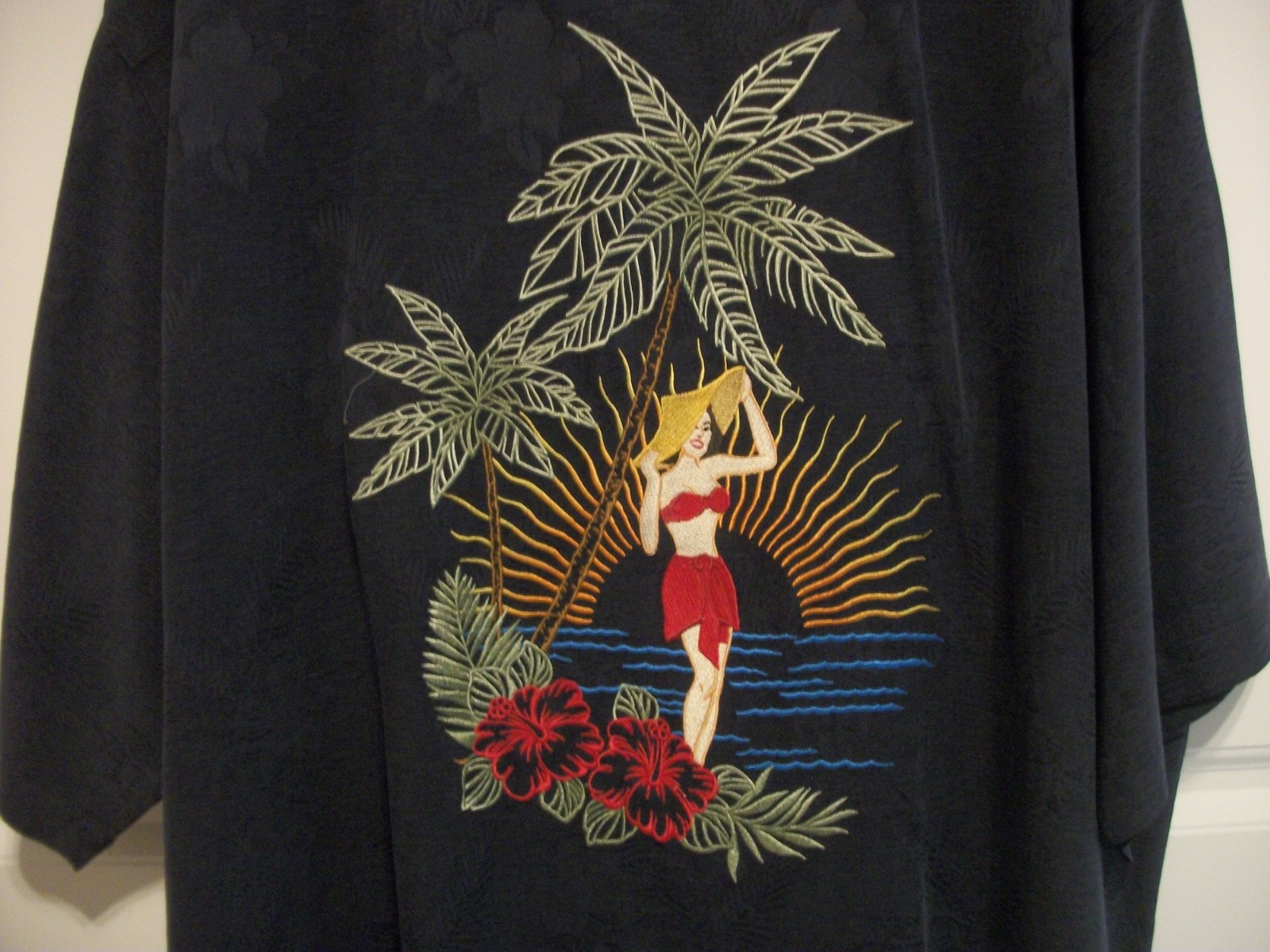 EMBROIDERED – ISLAND GIRL WITH PALM TREES – MENS 65 % RAYON, 35% POLY SHIRT -XL