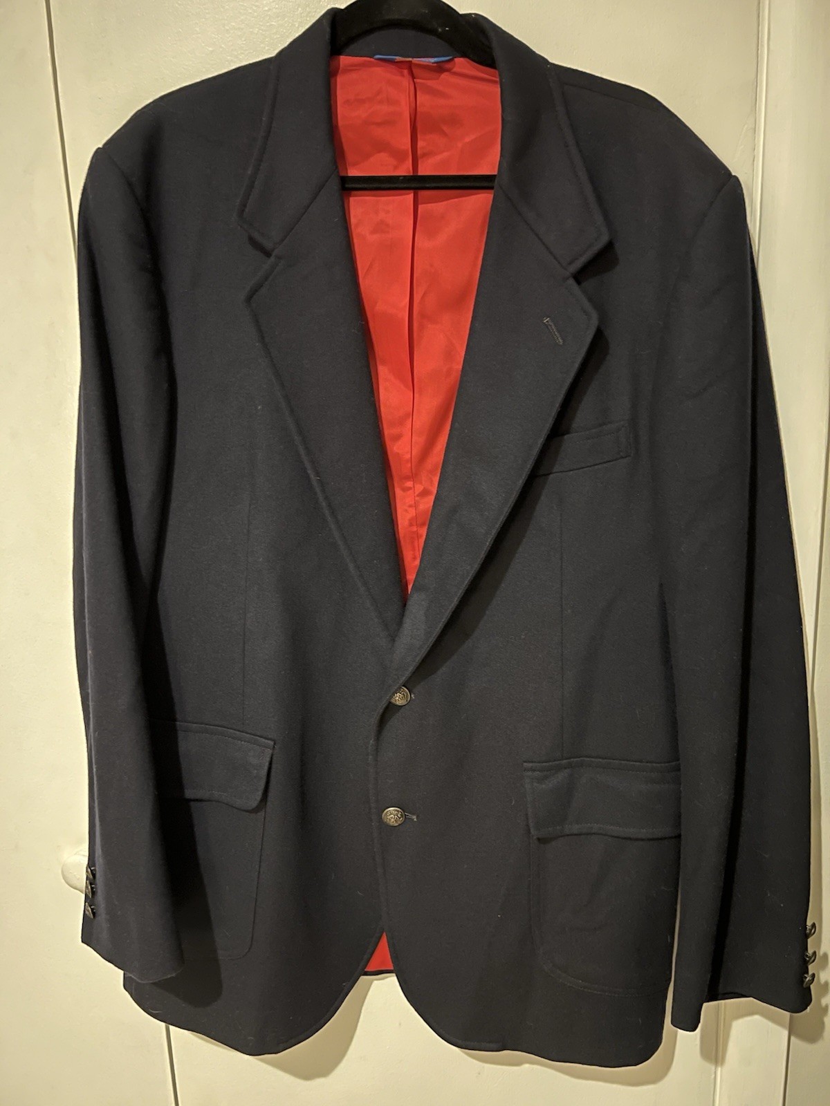 Vintage Pendleton Wool Blazer Men 44 Long Navy Blue Gold Crest Buttons Red Lined