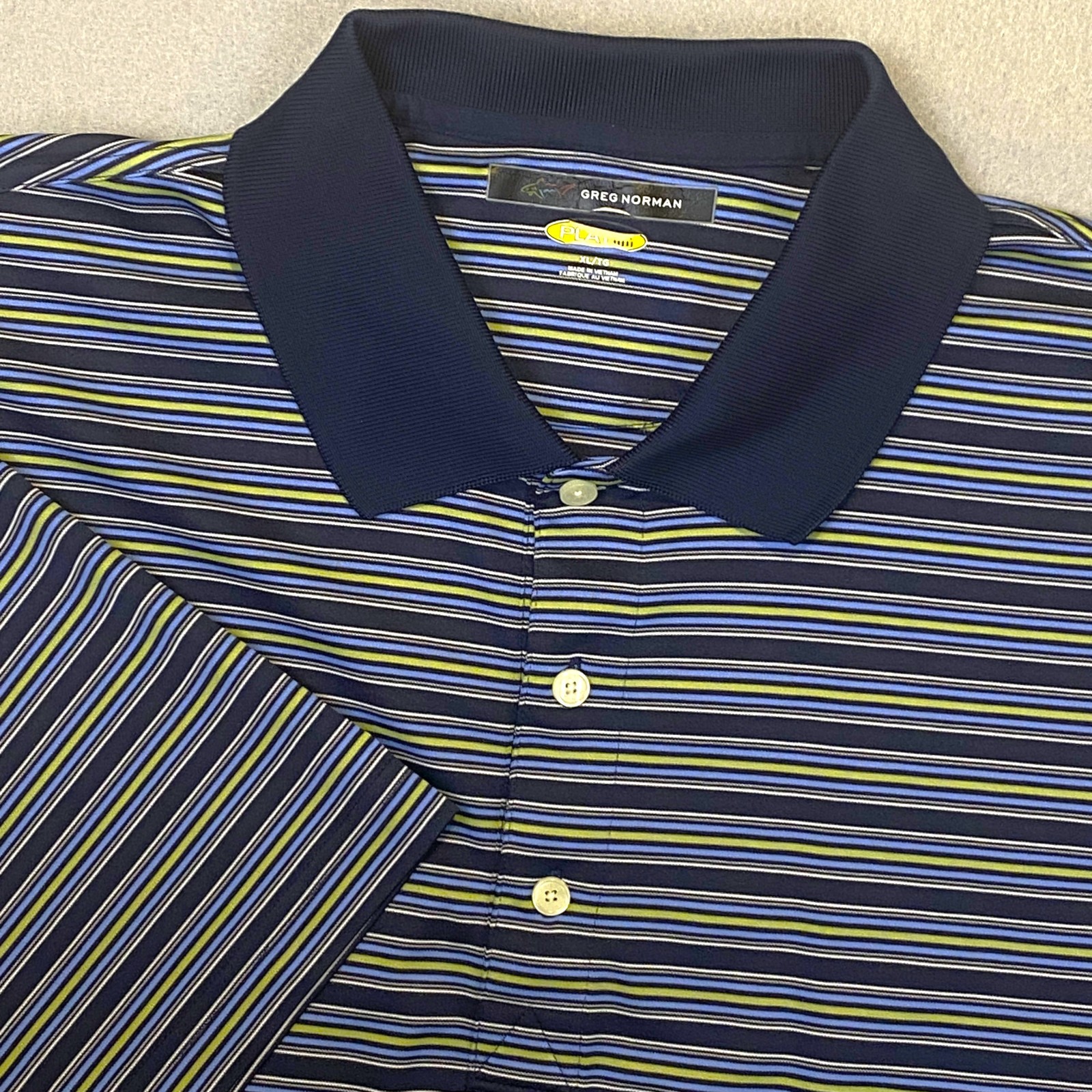 Greg Norman Mens XL Play Dry Polo Shirt Blue Green Striped Performance Golf