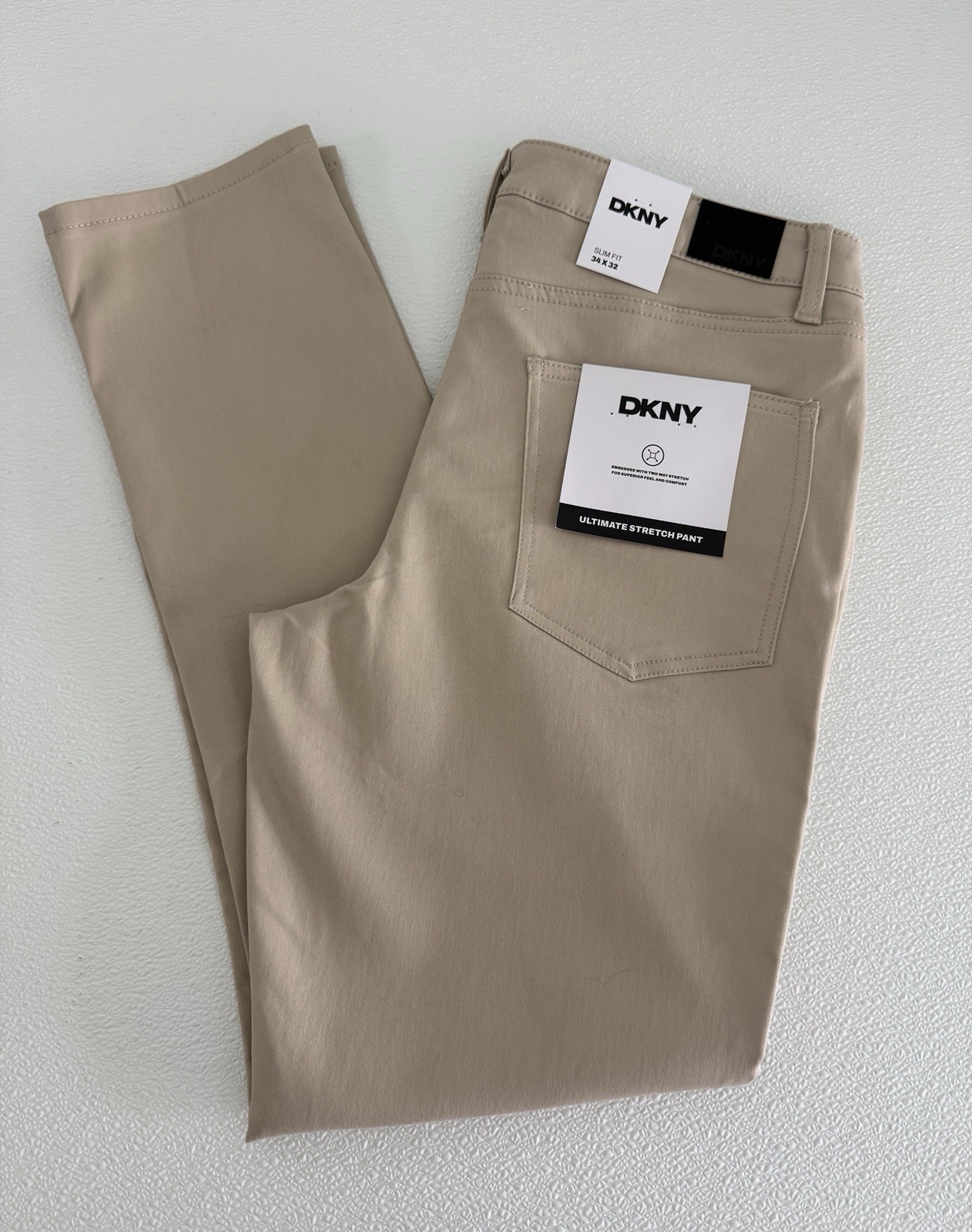 NWT DKNY Mens Two Way Stretch Pants Stanton Slim Fit 32 33 34 36 38 Khaki Tan S4