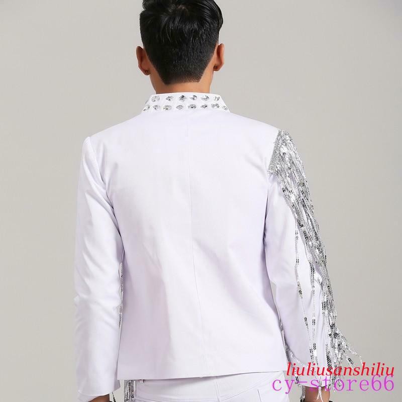 Glitter Men’s Sequins Coat Tassels Jackets Rhinestone Blazer Korean Nightclub SZ