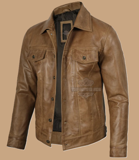 Men’s Vintage Brown Genuine Leather Trucker Jacket – Jeans Style Leather Jacket