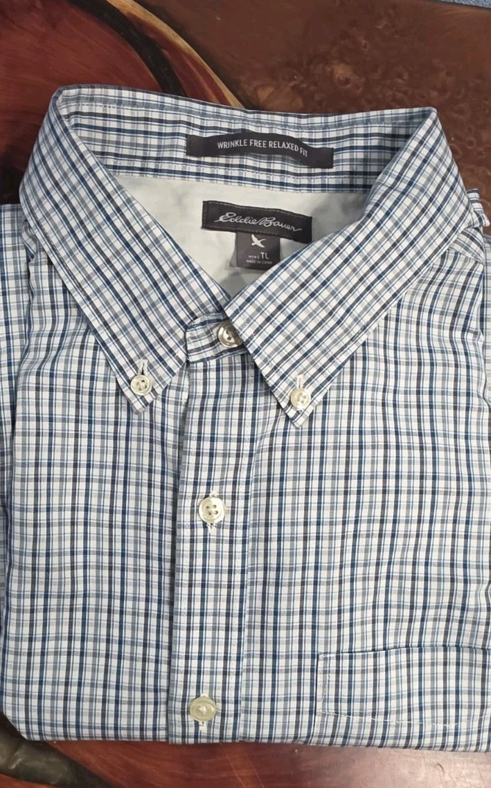 Eddie Bauer Men’s Tall XL Blue Wrinkle Free Relaxed Fit Check 100% Cotton