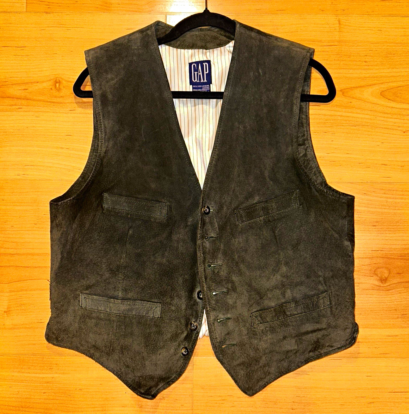 VTG 80s GAP Men’s Brown Leather Vest Button Front V-Neck Lined Pockets Size M