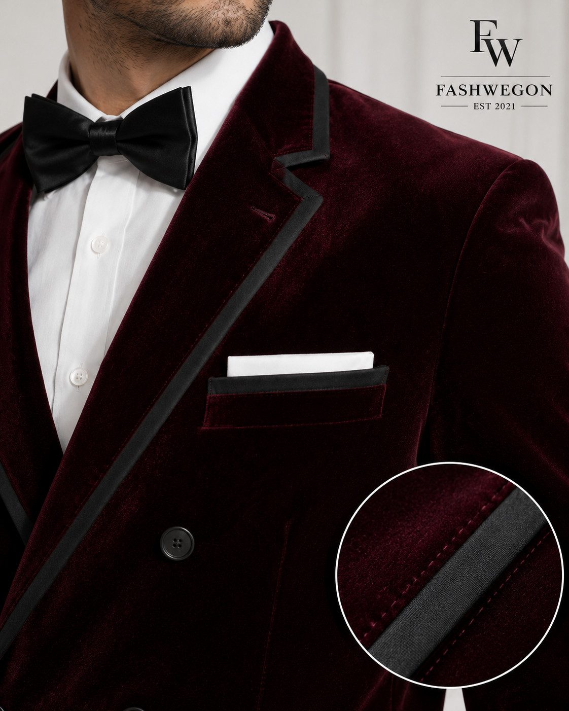 FASHWEGON Men’s Burgundy Velvet Double Breasted Smoking Jacket Tuxedo Blazer