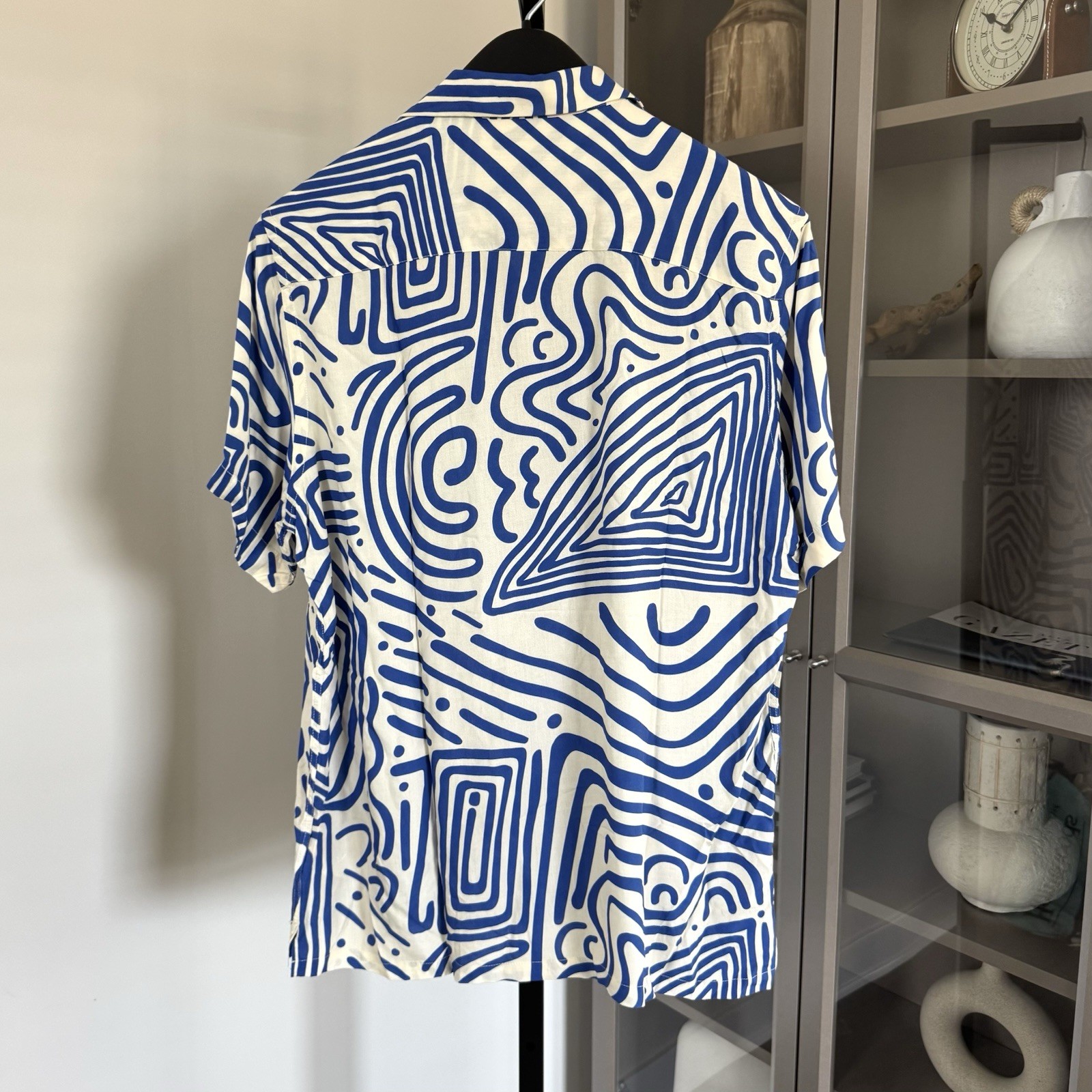 OAS Eldovado Viscose Short Sleeve Blue Print Ivory Button Up Camp Shirt L NEW