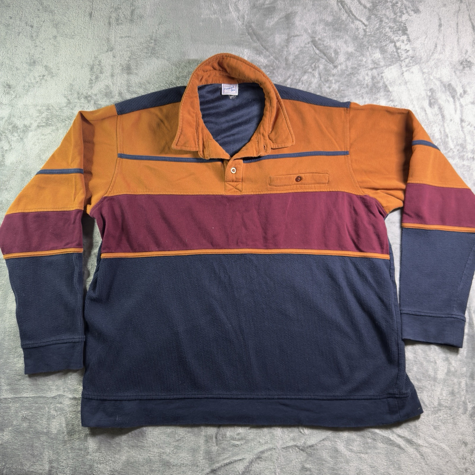 VTG 90s Thermal Striped Collared Sweater Dark Blue Orange Preppy Retro Camel Joe