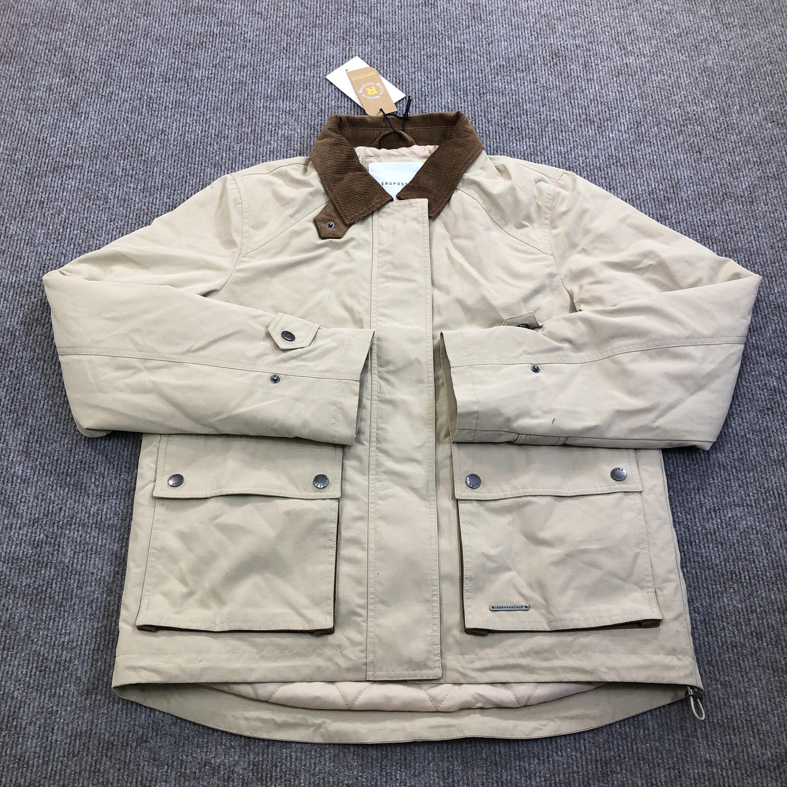 Aeropostale Jacket Mens Small Beige Canvas Quilted Full Zip Corduroy Collar