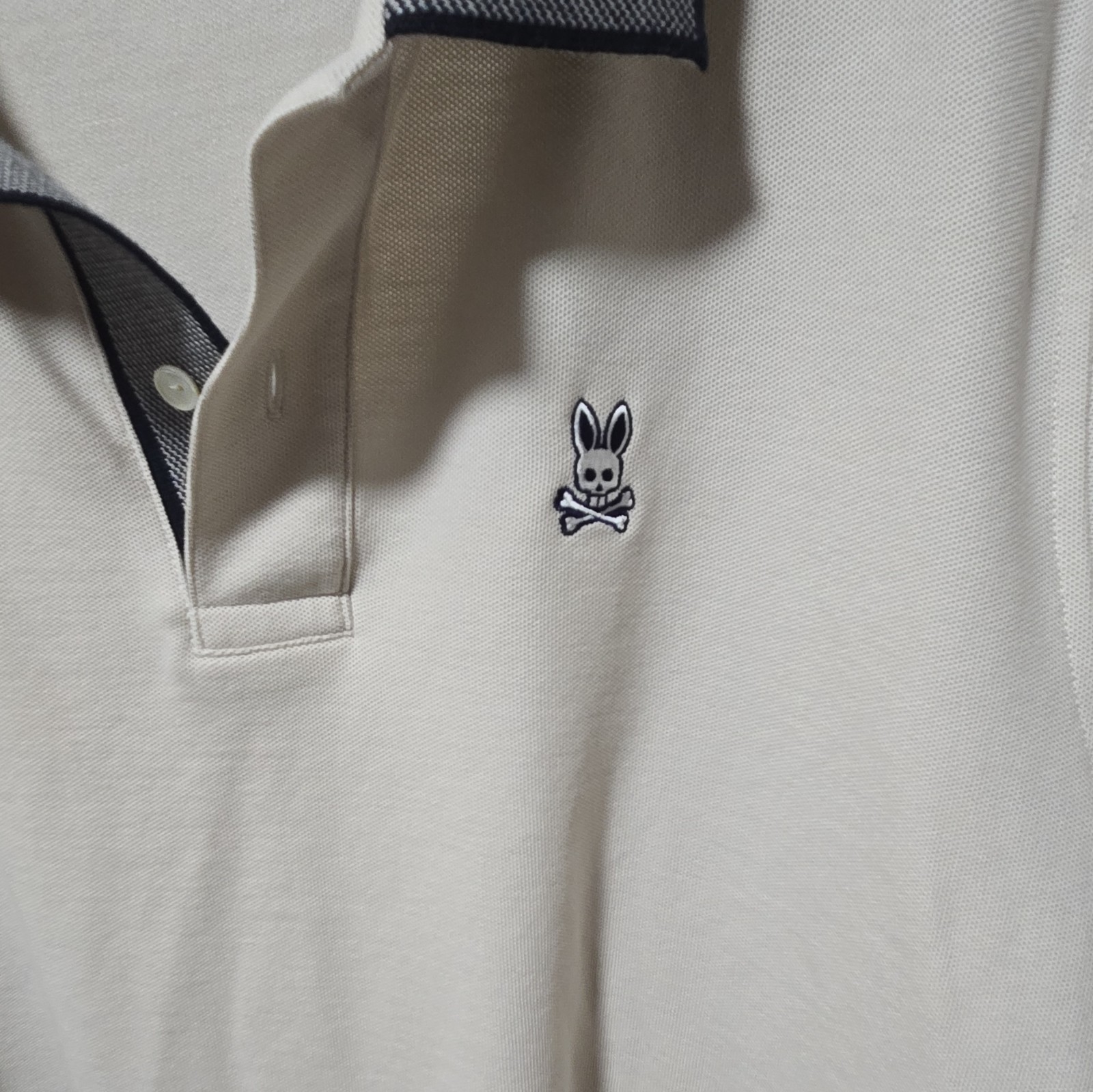 Psycho Bunny Men’s Beige Cotton Polo Shirt S Short Sleeve Logo Gray Trim