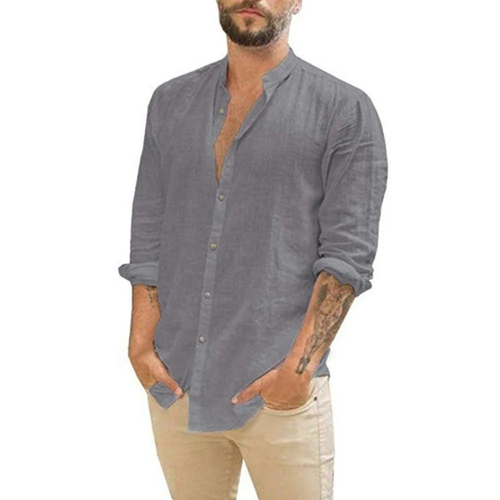 Button-Up Shirt Mens Long Sleeve Cotton Linen T-shirt Casual Summer Beach *SALE*