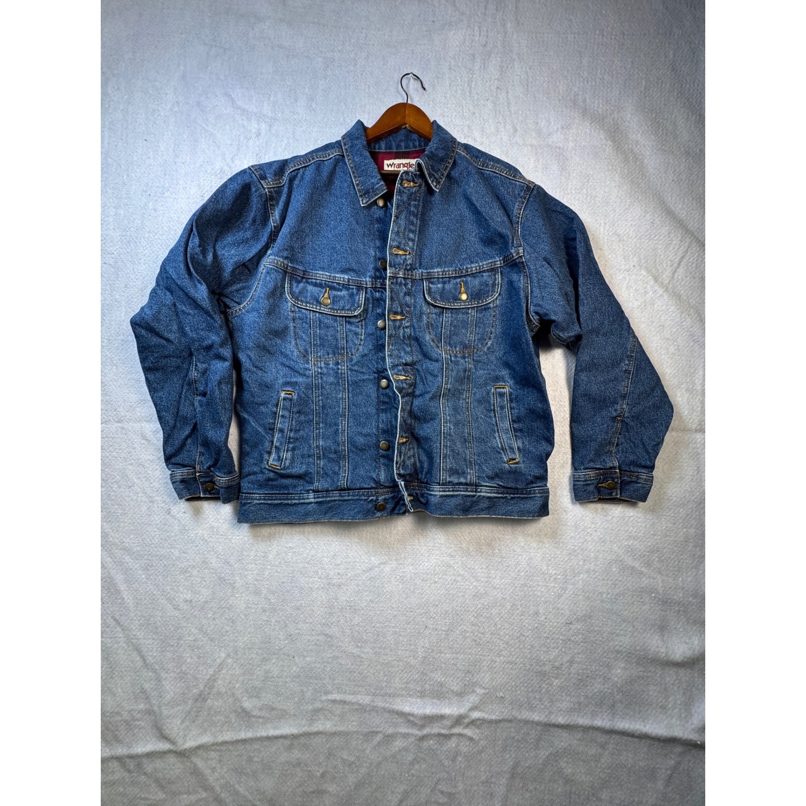 Wrangler Rugged Wear Mens Flannel Lined Denim Trucker Jacket Blue Plaid Lined