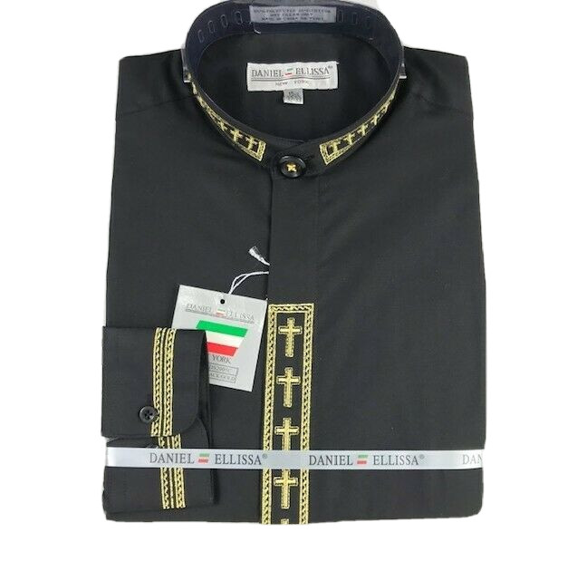 Daniel Ellissa Men’s Clergy Shirt Black with Gold Cross Embroidery French Cuff