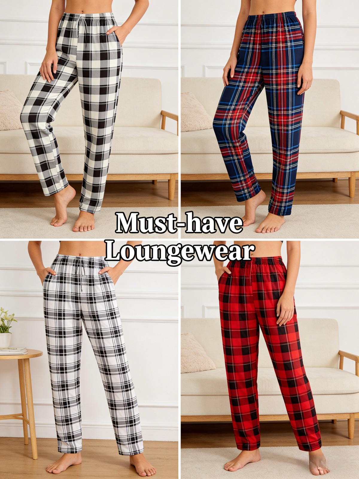 4 Pack Men’s Plaid Lounge Pants Elastic Waist Casual Sleepwear Pajama Bottoms