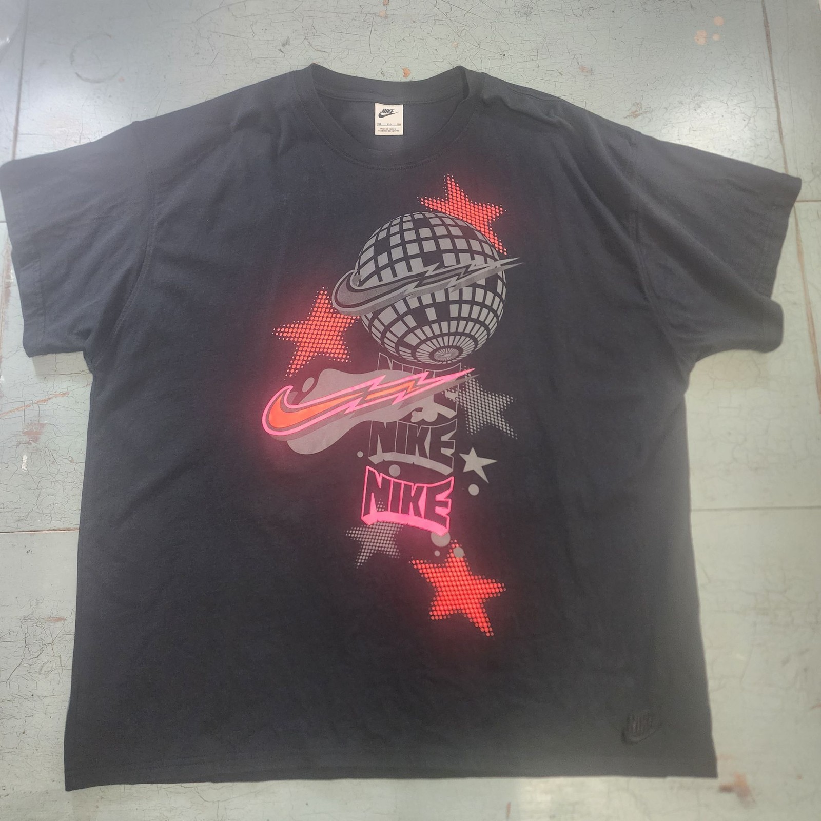 NIKE Graphic T-Shirt XXL Disco Globe Stars Print Black Vintage
