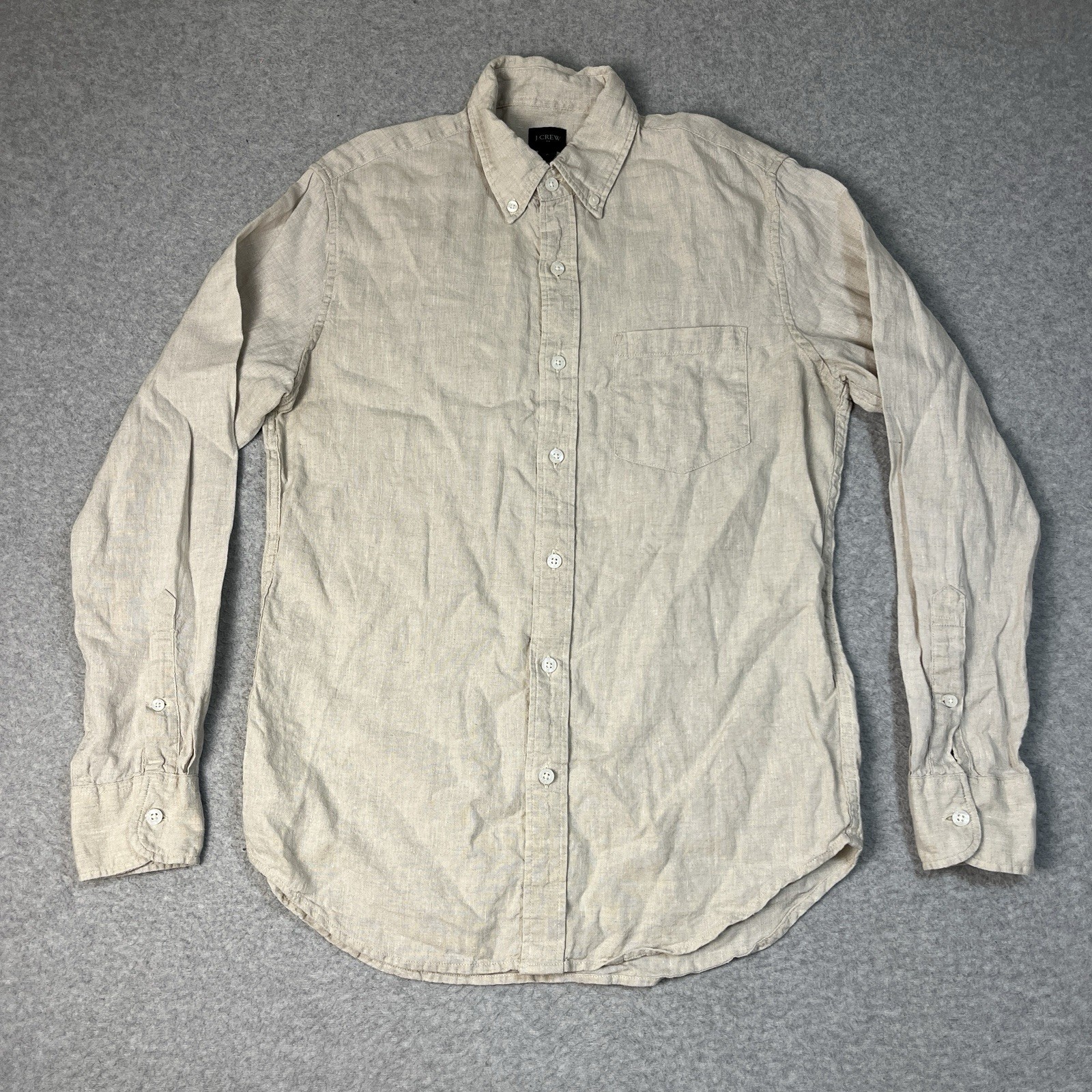 J. Crew Shirt Mens Small Beige Button Down Linen Blend Long Sleeve Lightweight