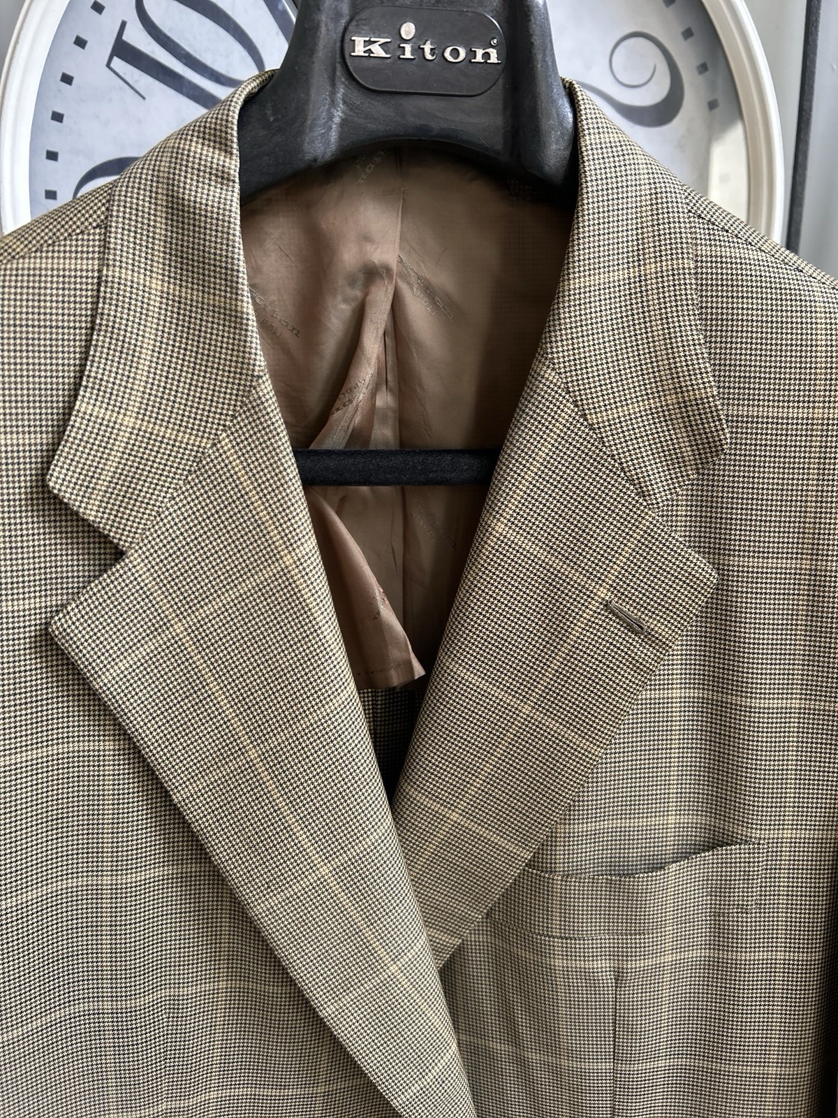 KITON men’s super 180’s sport jacket coat tan brown & blue check plaid US 48R
