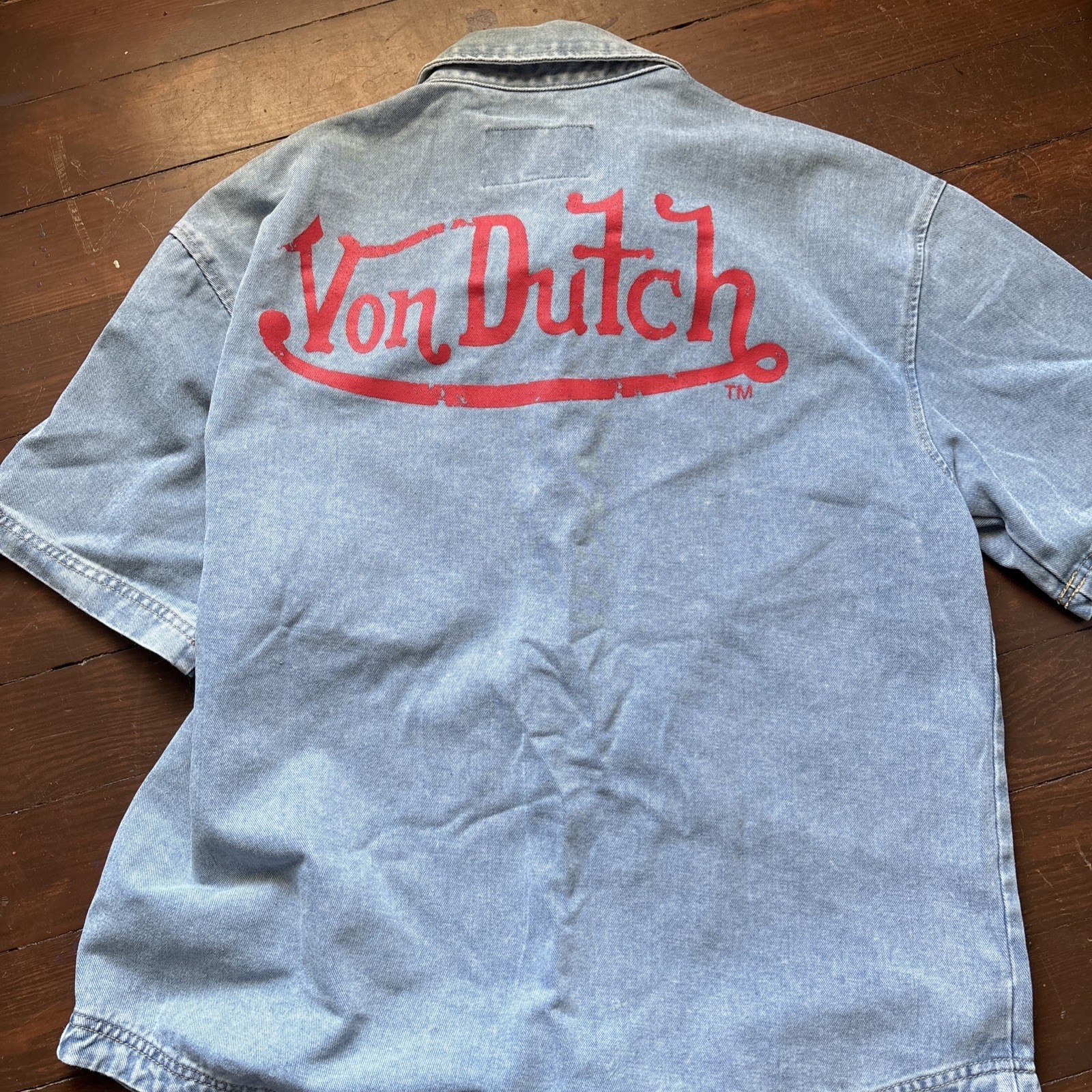 Von Dutch Short Sleeve Light Blue Denim Snap Button Shirt Size M