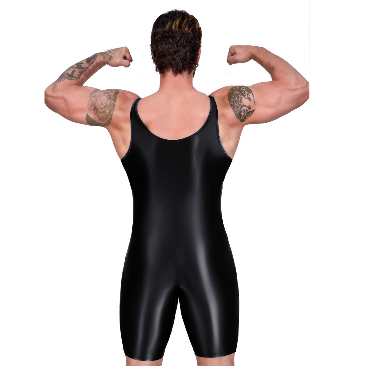 AMORESY Men Satin Oil Tracksuits Running Fitness Yoga Tights Sleeveless Bodysuit
