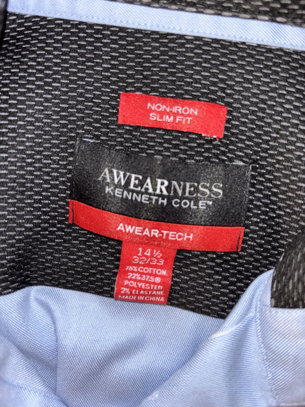 Kenneth Cole AWEARNESS Non-Iron Slim Blue Dress Shirt 14.5 32/33