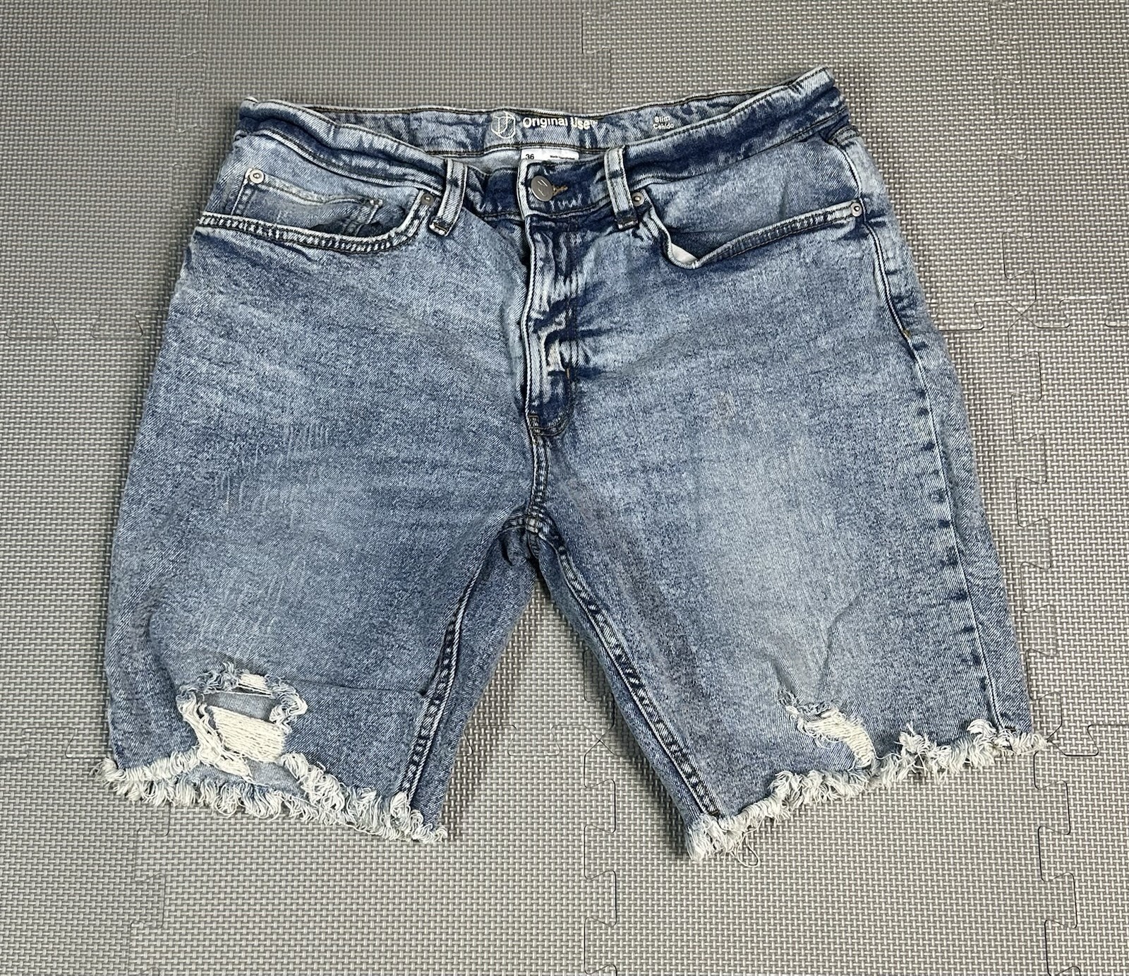 Original Use Men Dirt Road Blue Distressed Raw Hem Denim Shorts Slim Fit Size 36