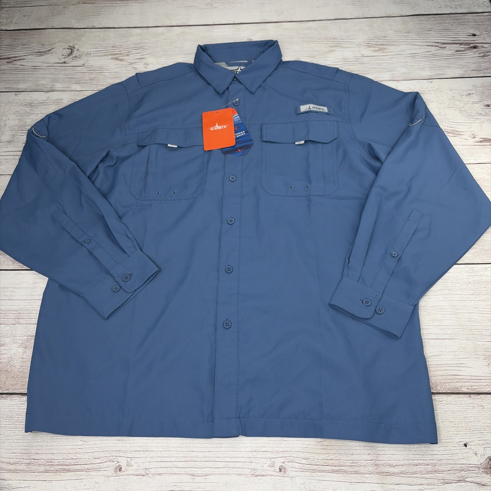 NWT Habit Men’s L Crayfish Creek Fishing Shirt Moonlight Blue Button Long Sleeve