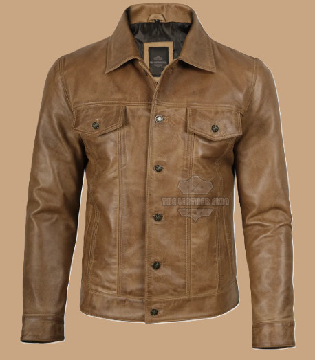 Men’s Vintage Brown Genuine Leather Trucker Jacket – Jeans Style Leather Jacket