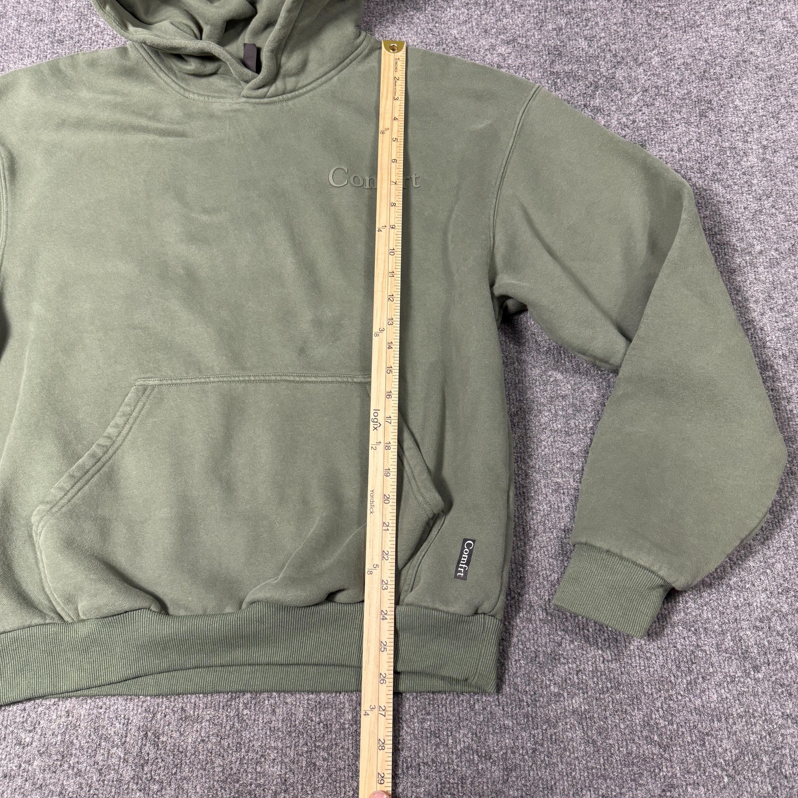 Comfrt Hoodie Mens Medium Green Pullover Fleece Sweatshirt Logo Kangaroo STAIN