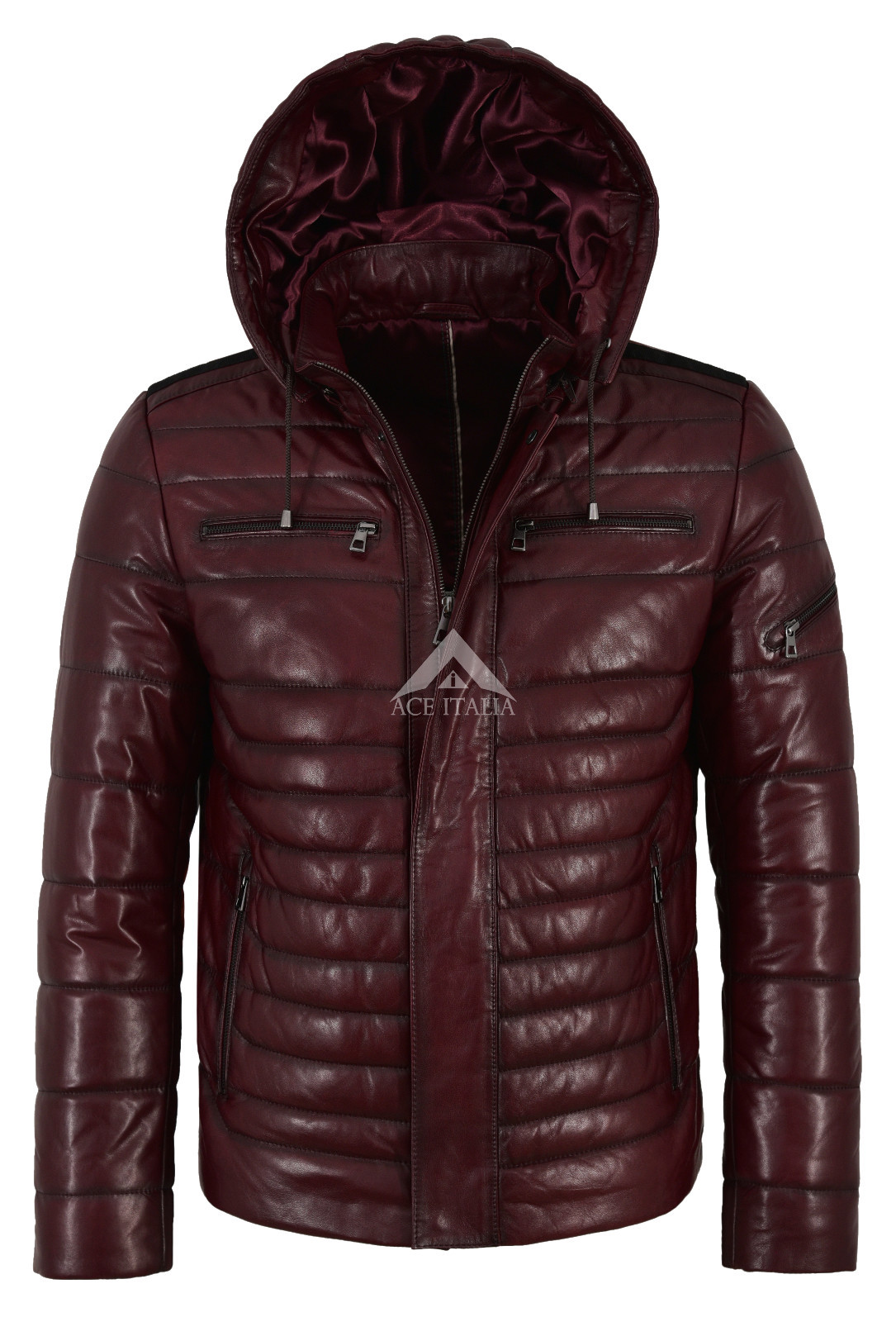 Men’s Puffer Hooded Lambskin Leather Jacket Cherry Real Napa Fully Quilted 2006