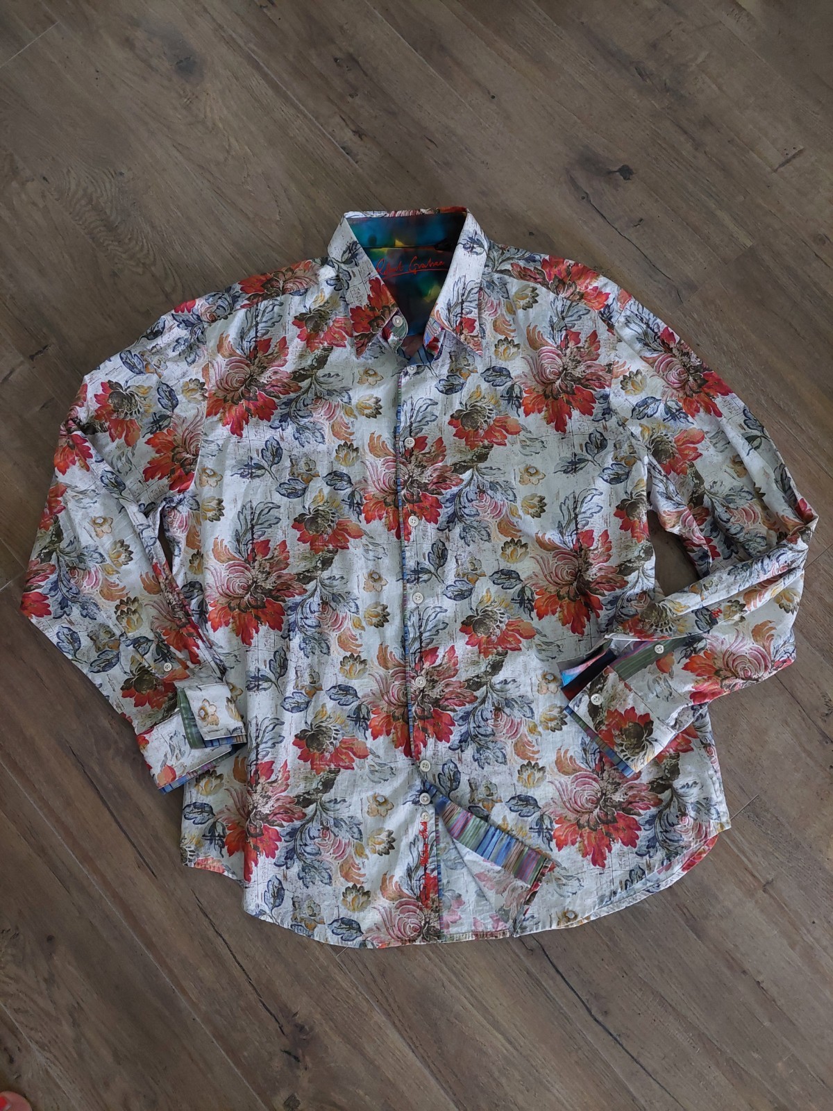 Robert Graham Shirt 2XL XXL Mens Long Sleeve Floral Multi Color Cotton Silk Trim