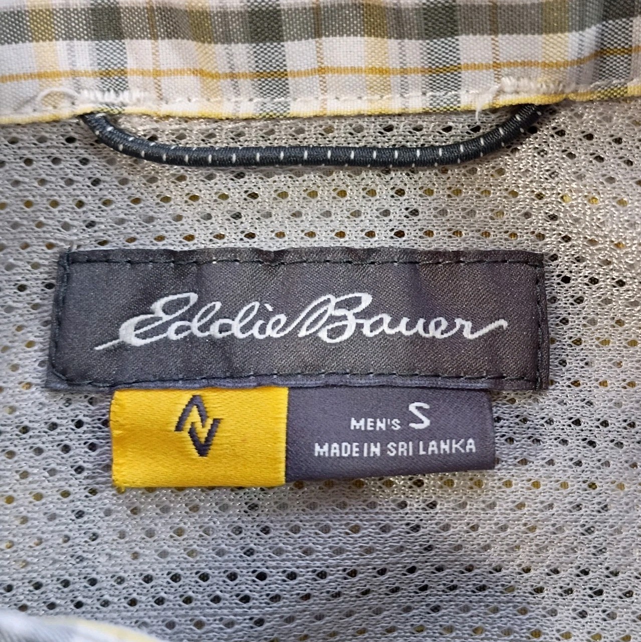 Eddie Bauer Travex Button Up Shirt Mens Small Yellow Gray Plaid Short Sleeve